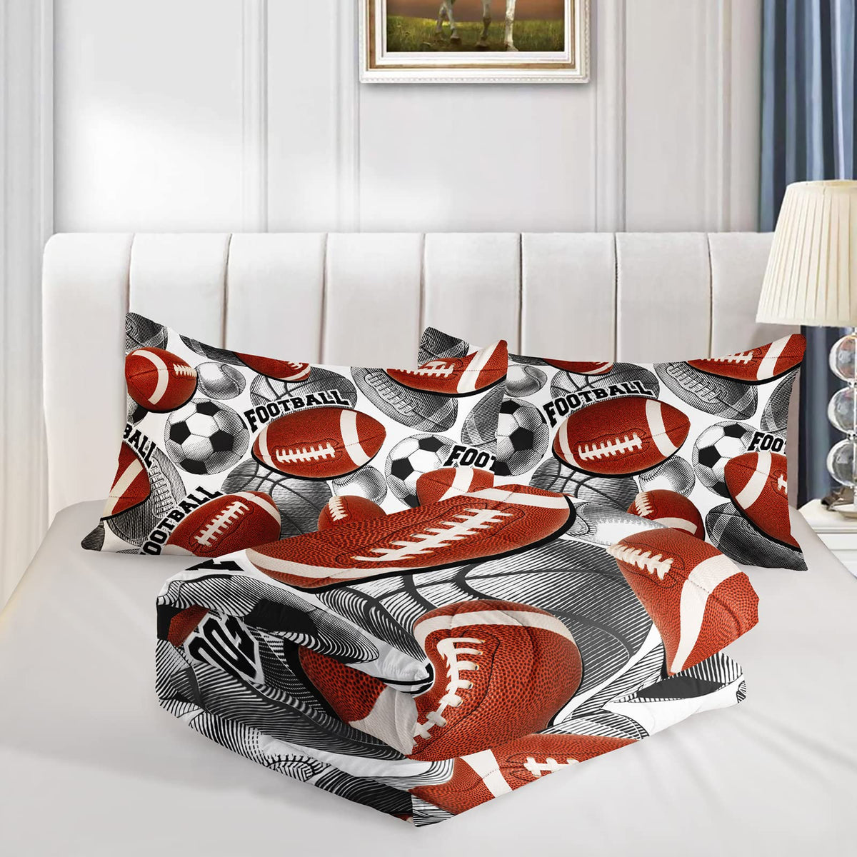 BailiPromise Ball Games Bedding Sets Basketball Football Comforter Set Sports Down Comforter Baseball Tennis Duvet Sets with 1 Comforter and 2 Pillowcases Queen for Kids Boys Room