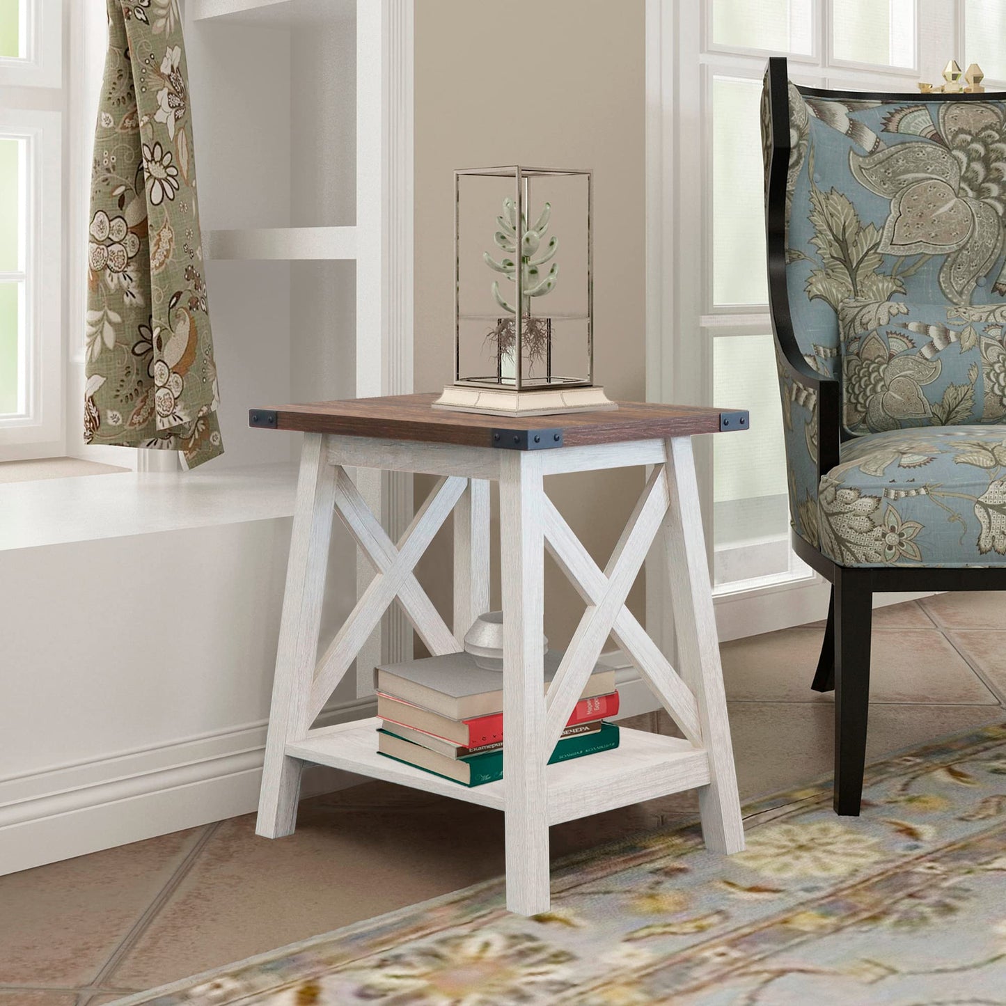 Rainbow Sophia Side Table End Table for Living Room, Farmhouse Accent Wood Nightstand for Bedroom with 2-Tier Storage, Sargent Oak/Dark Walnut