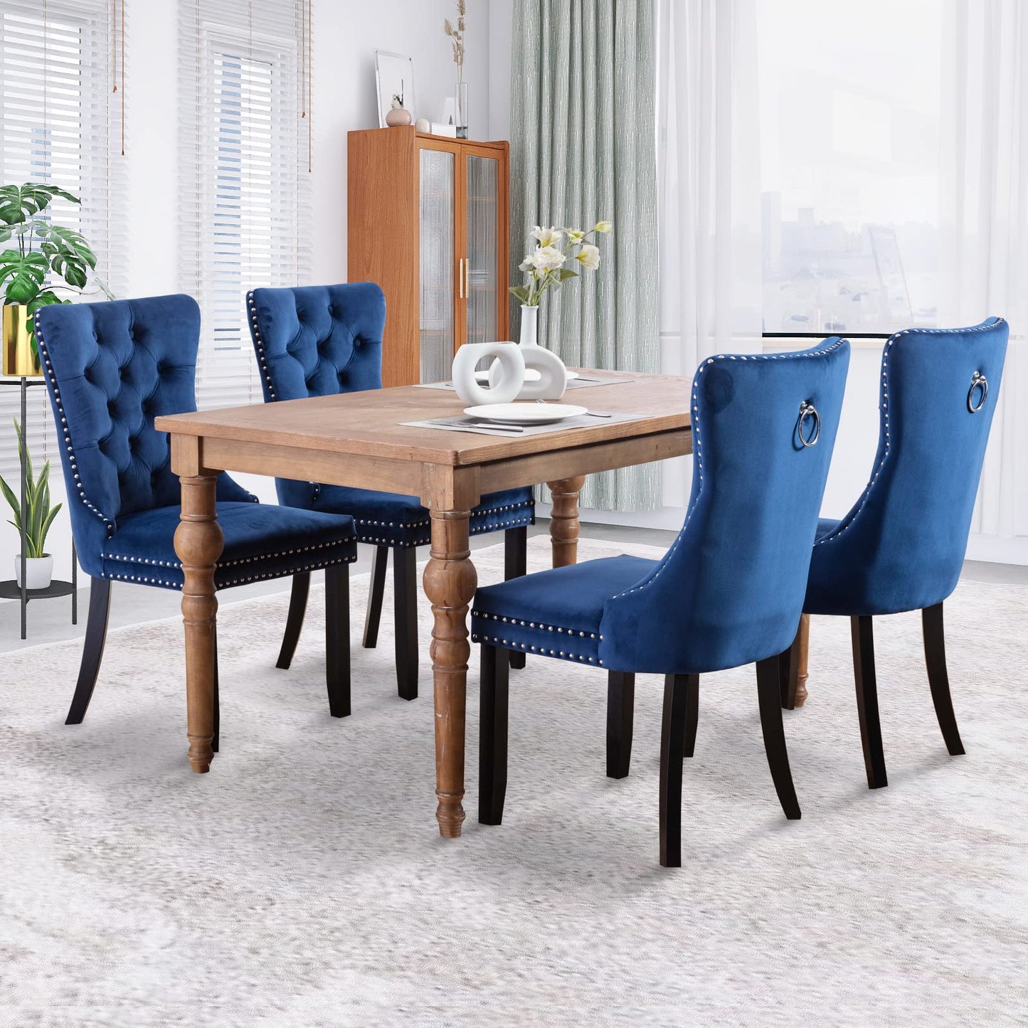 JETEAGO Velvet Dining Chair Set of 4, Upholstered Tufted Dining Room Chair with Nailhead Trim and Solid Wood Leg for Kitchen, Blue