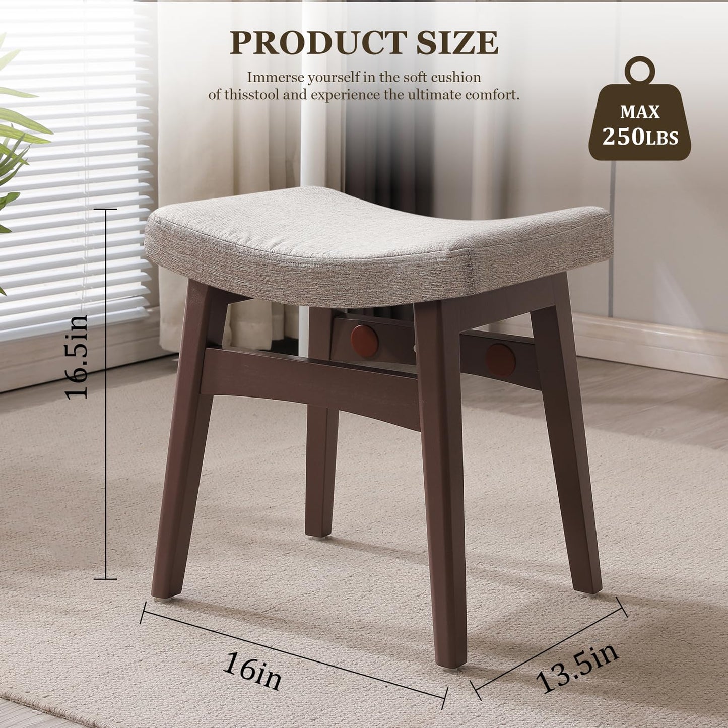 COSTASKF Vanity Stool, Saddle Cushion Foot Stool, Modern Vanity Bench Ottoman with Solid Wood Legs and Upholstered Seat for Entryway, Bedroom,Walnut Color Leg - Linen Colour Fabric Cushion