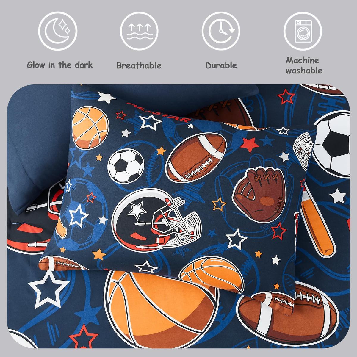 Kaleido Space Twin Kids Comforter Set - 5 Pieces Twin Bedding Sets for Boys Girls Teen, Glow in The Dark Sports Ball Games Bed in A Bag with Sheets