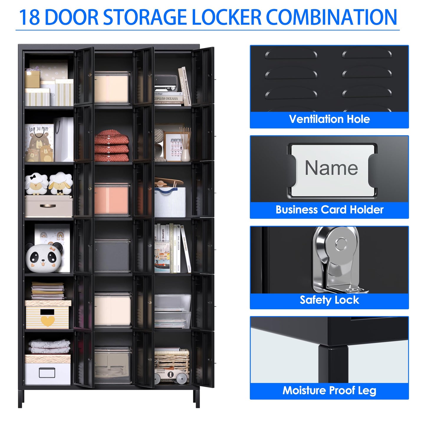 METAN Metal Locker for School Office Gym Bedroom, 18 Doors Black Steel Storage Locker Cabinet for Employees, Industrial Storage Locker, Assembly Required (18 Door-Black)