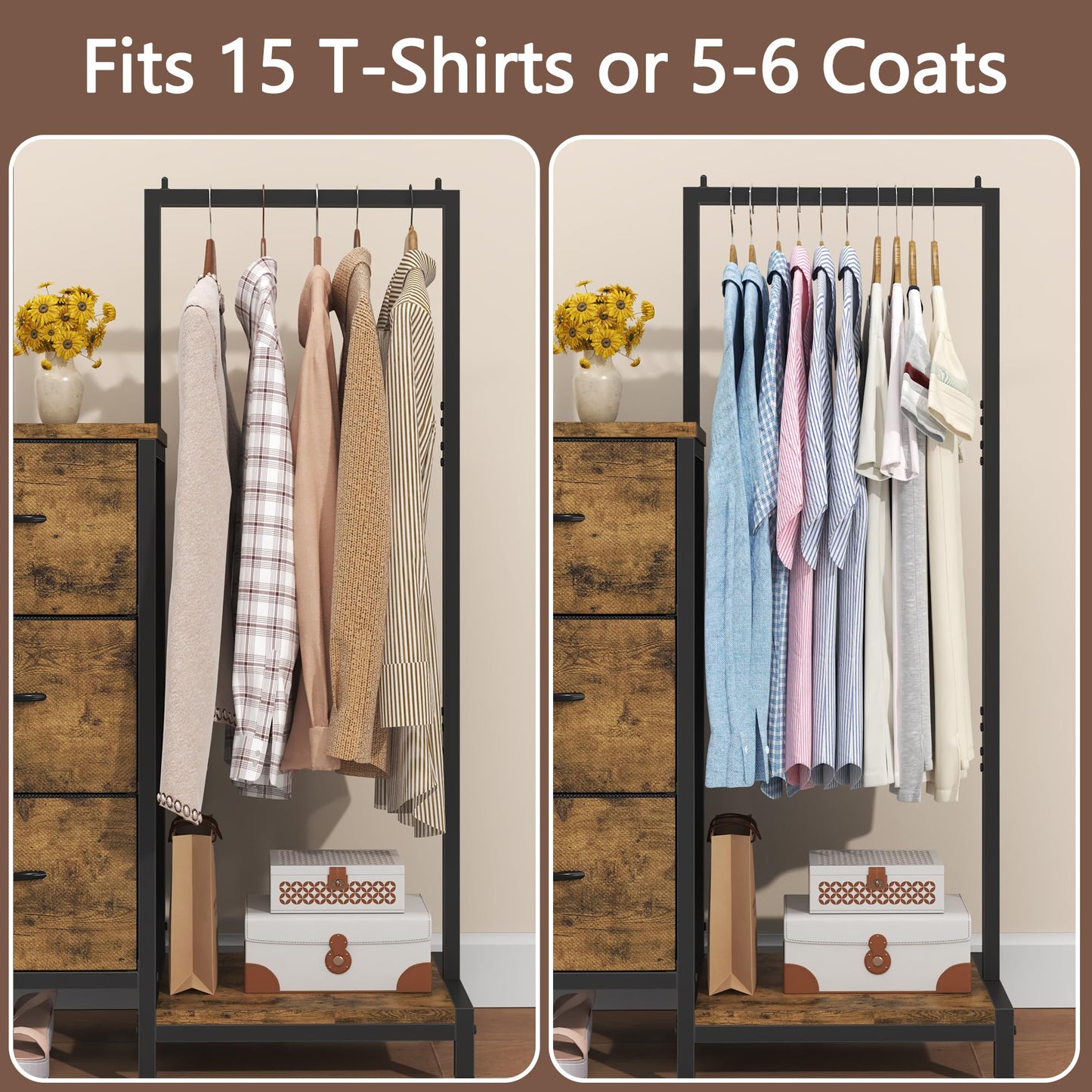AFLUI Dresser for Bedroom with Hanging Rack, 3 Drawers Dresser for Bedroom - Rustic Brown