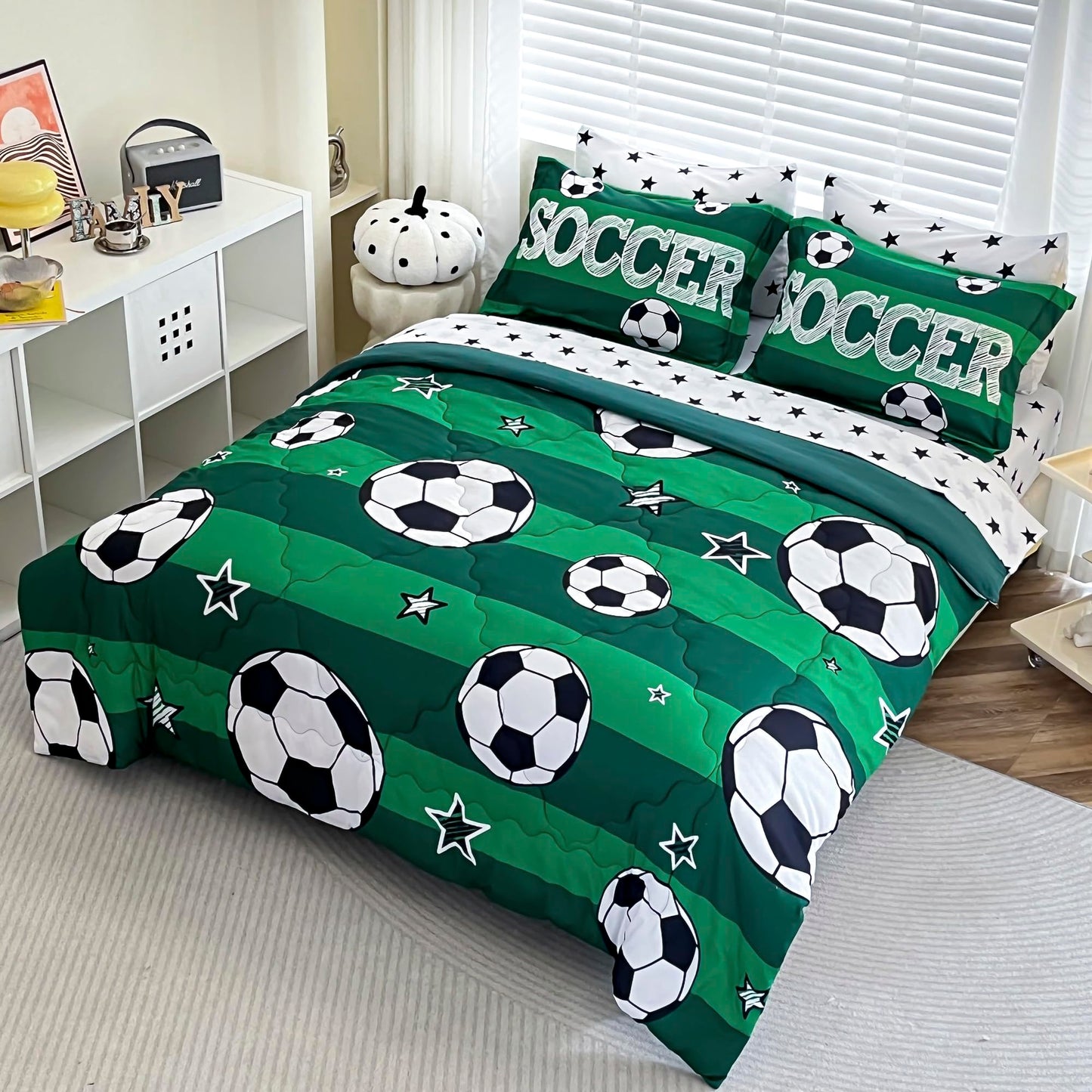 Gusuhome 7 Piece Boys Soccer Comforter Set Twin Size Bed in A Bag 3D Football Playground Sports Bedding Set for Kids Microfiber Comforter All Season Green