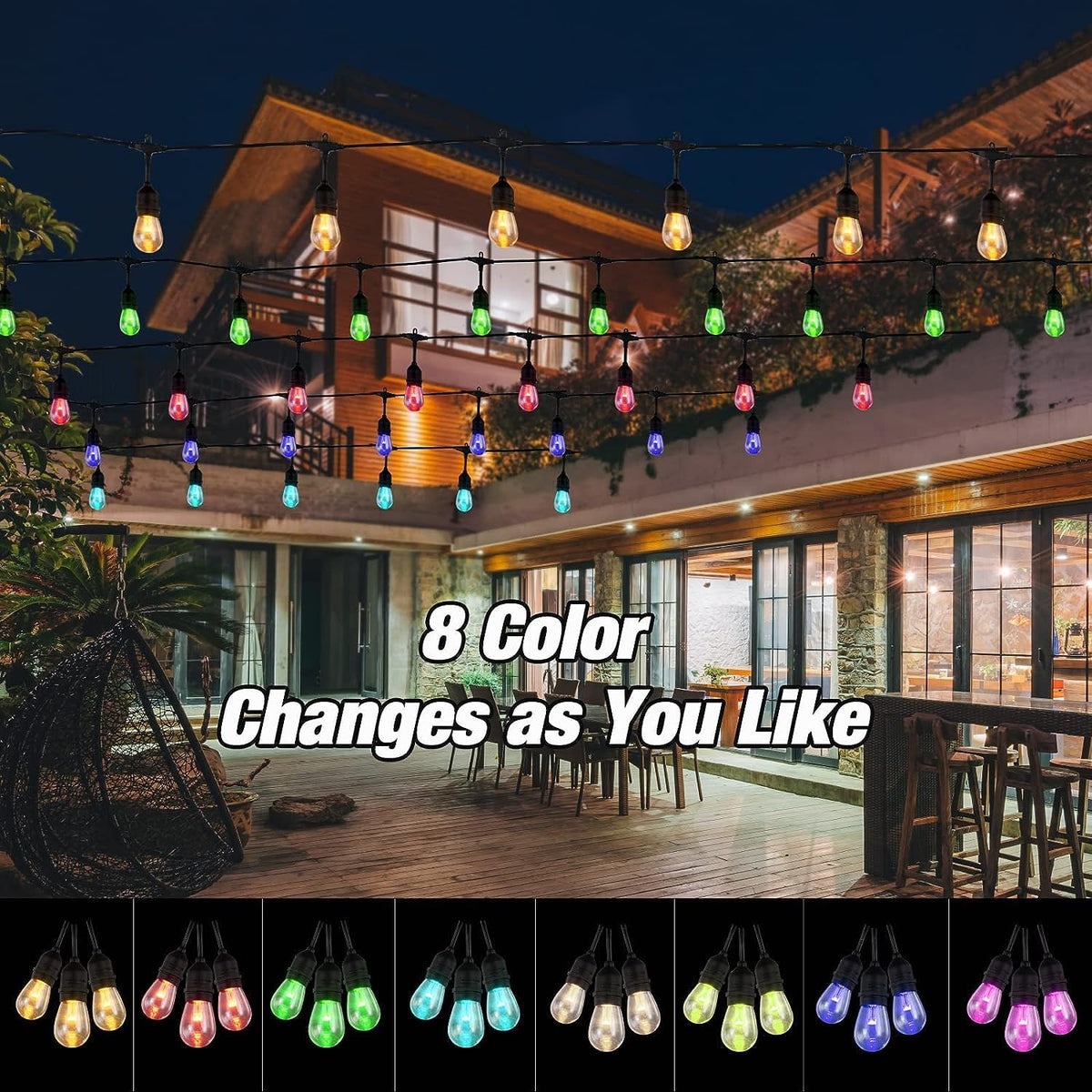 Auroraworld 96FT RGB Waterproof String Lights – Dimmable LED Patio Lighting with 30 Shatterproof Bulbs for Yard & Party Decor
