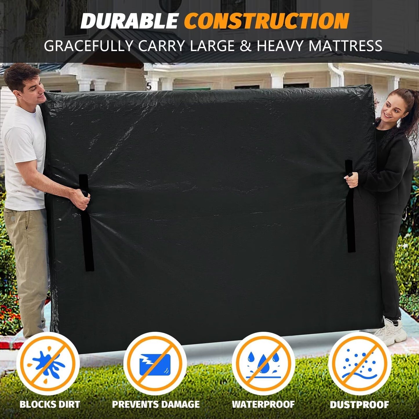 Mattress Bags for Moving, BETU Mattress Protector Waterproof Mattress Cover Queen Size Storage Bags with 8 Heavy-Duty Handles and Zipper for Bed Extra Thick Large Reusable (82"x62"x15" Black)