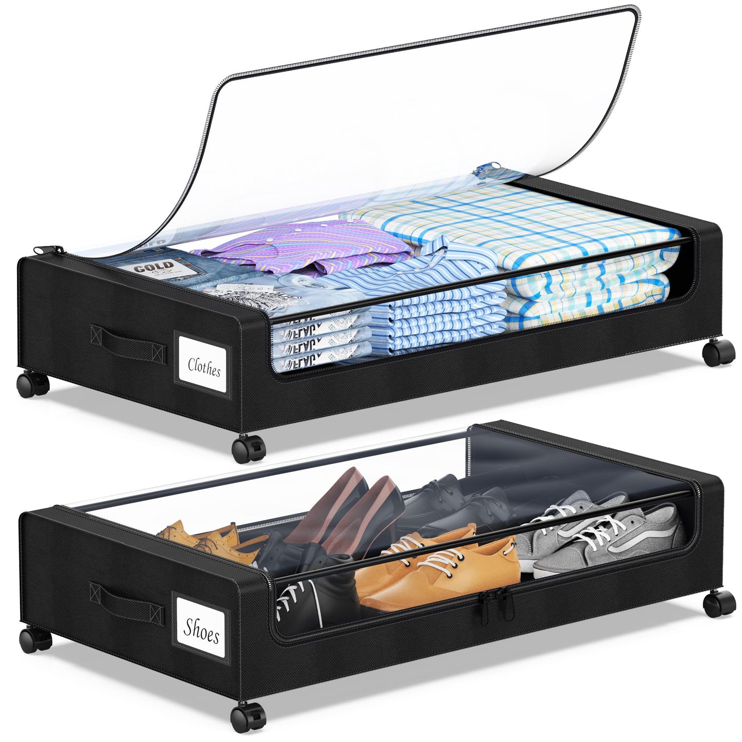 YAASHEEN Under Bed Storage with Wheels, 2-Pack Under the Bed Storage Containers with Clear Lids & Label, Underbed Storage Bins, XXL 60L Rolling Metal Drawer for Clothes, Shoes, Toys, Books - Black