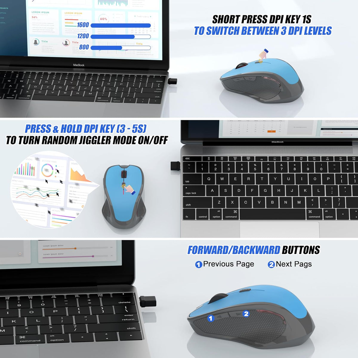 Wireless Bluetooth Mouse for iPad Pro MacBook, Ergonomic Rechargeable Mice with Jiggler Mode, 2-Mode Bluetooth 5.2/3.0 & 2.4G USB-A/USB-C Receiver, Silent Optical Mouse for Mac PC Laptop, Blue