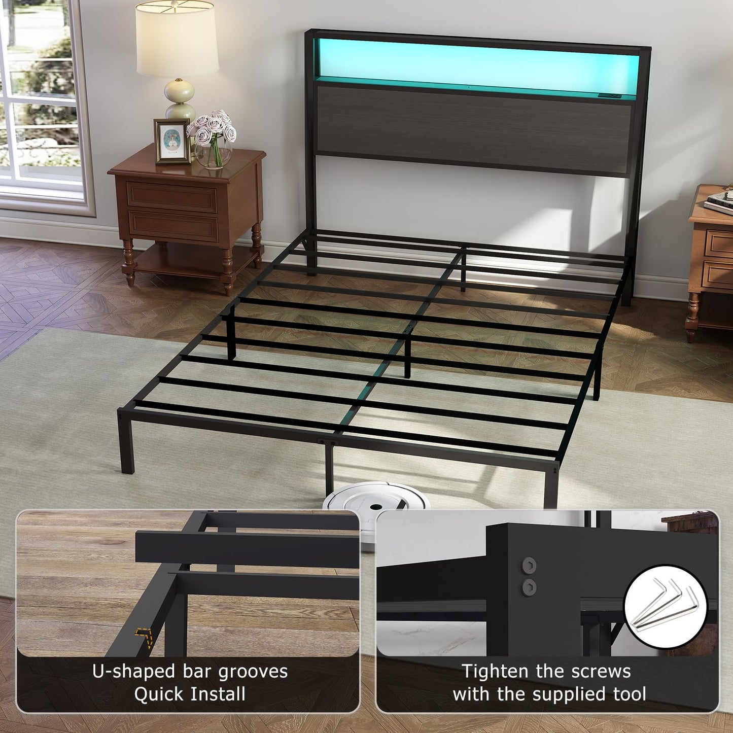 Queen Size Bed Frame with Headboard, Metal Platform Bed Frame with LED Lights & Charging Station, Under Bed Storage, Solid and Stable, No Box Spring Needed, Noise Free, Easy Assembly, Dark Grey