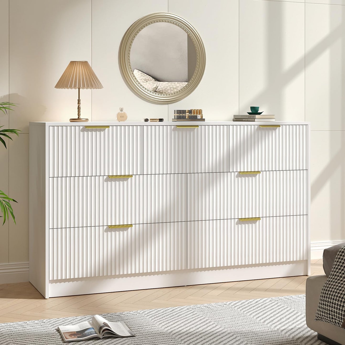 NOVAMAISON White Dresser with 7 Drawer - 55” Wide Fluted Dresser for Bedroom with Metal Handle, Modern Chest of Drawer for Bedroom, Closet, Living Room, White