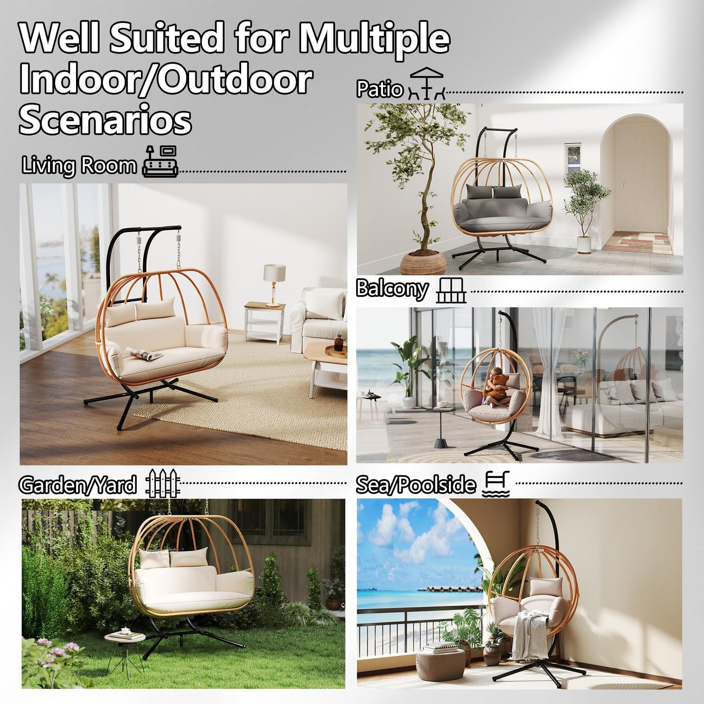 DAYARUS Double Egg Swing Chair with Stand, All Weather Egg Chair Outdoor with Cushions, Imitation Rattan Hanging Egg Swing Basket, 2 Person Hanging Chairs, Metal Nest Chair for Balcony/Deck, Grey