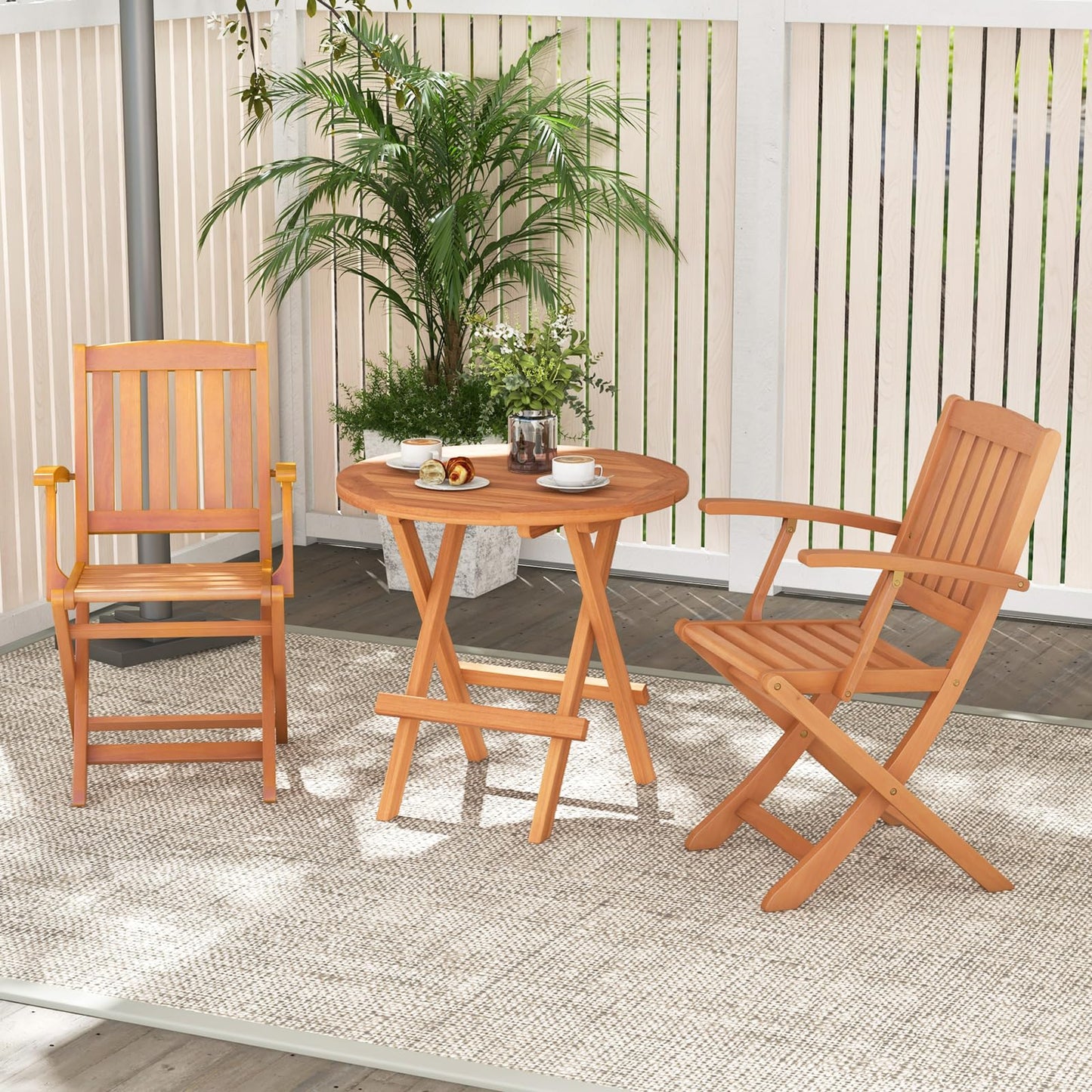Tangkula Patio Wood Folding Chair Set of 4, Outdoor Eucalyptus Wood Dining Chairs w/Armrests & Slatted Seat, for Backyard, Porch, Poolside, Lawn, Garden, Load up to 400 LBS (2, Natural)