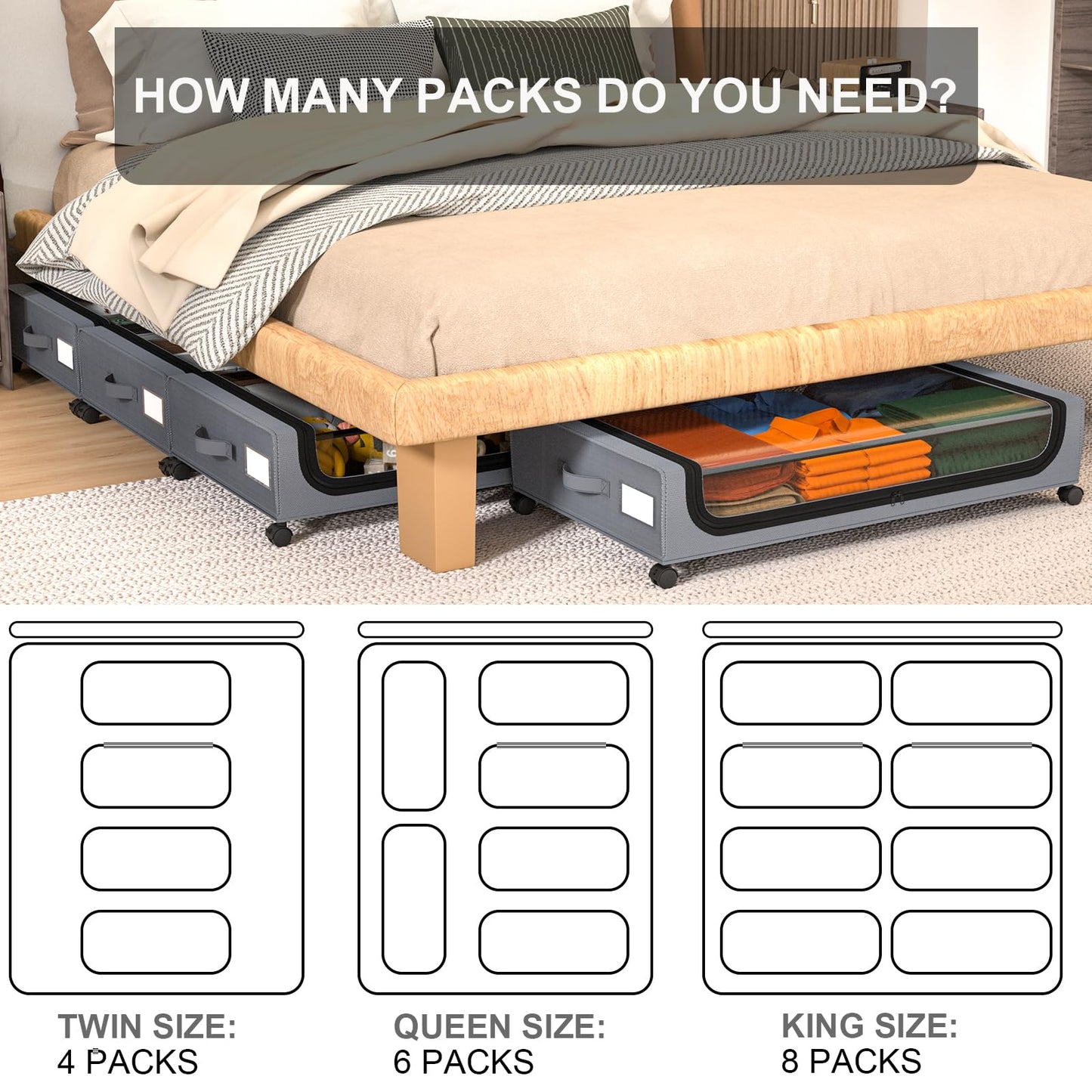 GoMaihe Under Bed Storage with Wheels: XXL Underbed Storage Containers with Lids - Rolling Bins for Shoes Clothes in Dorm Bedroom - Metal Drawers Easy Pull-out Grey 2-Pack