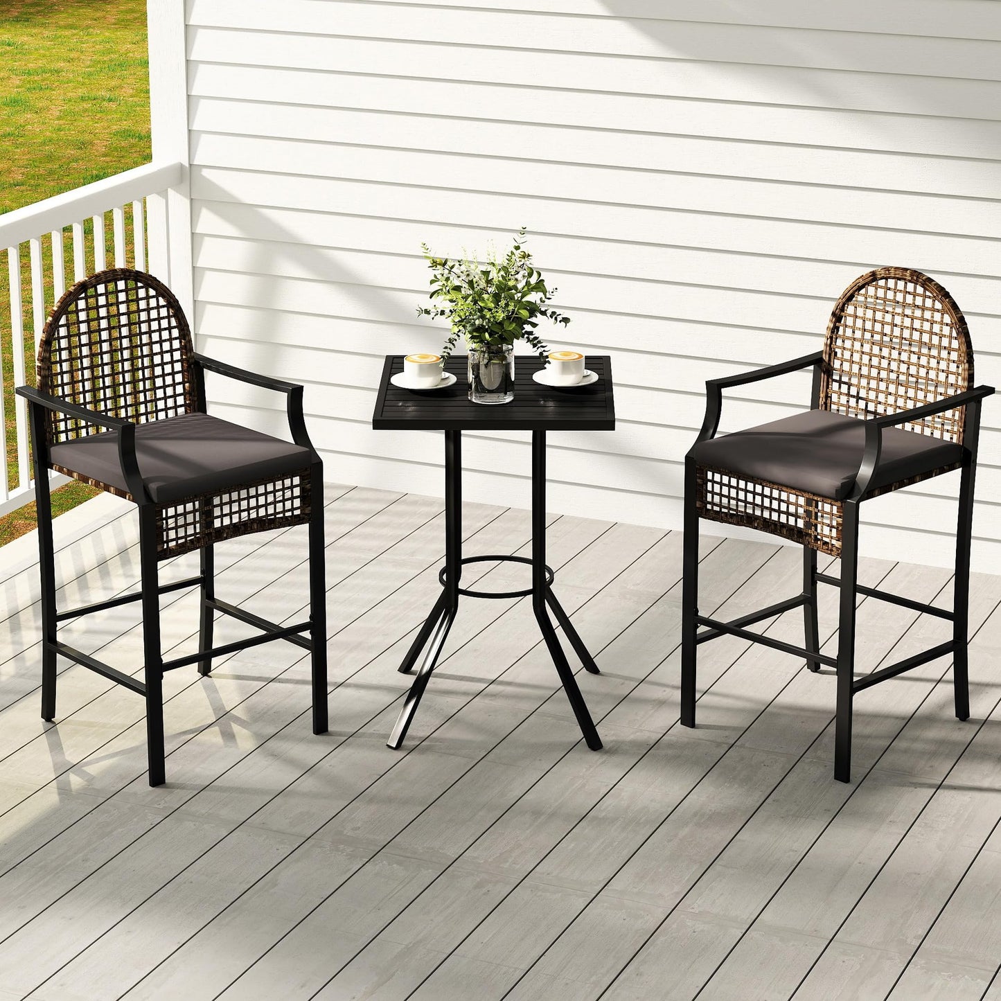 DAYARUS 3 Piece Outdoor Patio Bar Set, Modern Patio Furniture Set, 29.5" Wicker Bar Height Patio Bistro Set, Bar Height Patio Set with Cushions, Outdoor High Top Table and Chairs for Balcony, Gray
