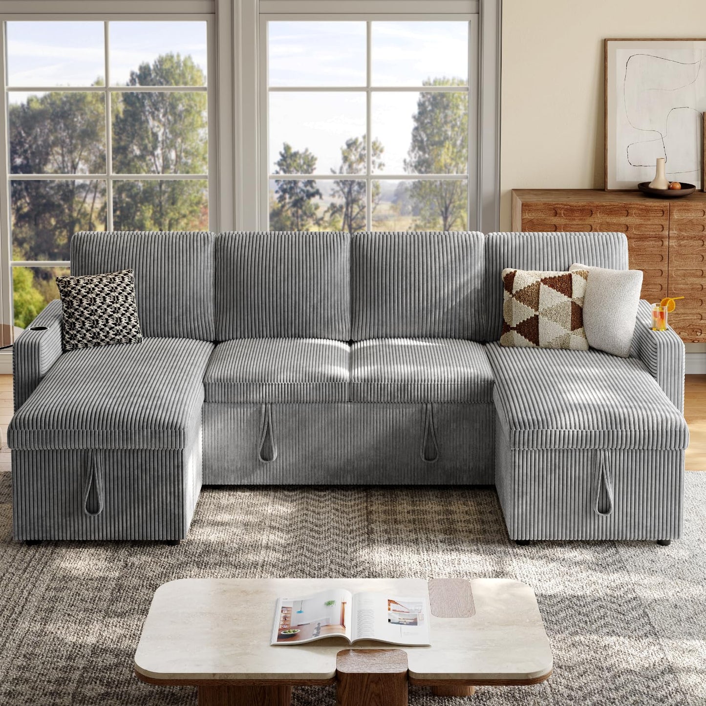ONBRILL Sleeper Sofa with Pull Out Couch Bed,U Shaped Convertible Modular Sectional Couch with Double Storage Chaise,Couches for Living Room,Corduroy,Grey