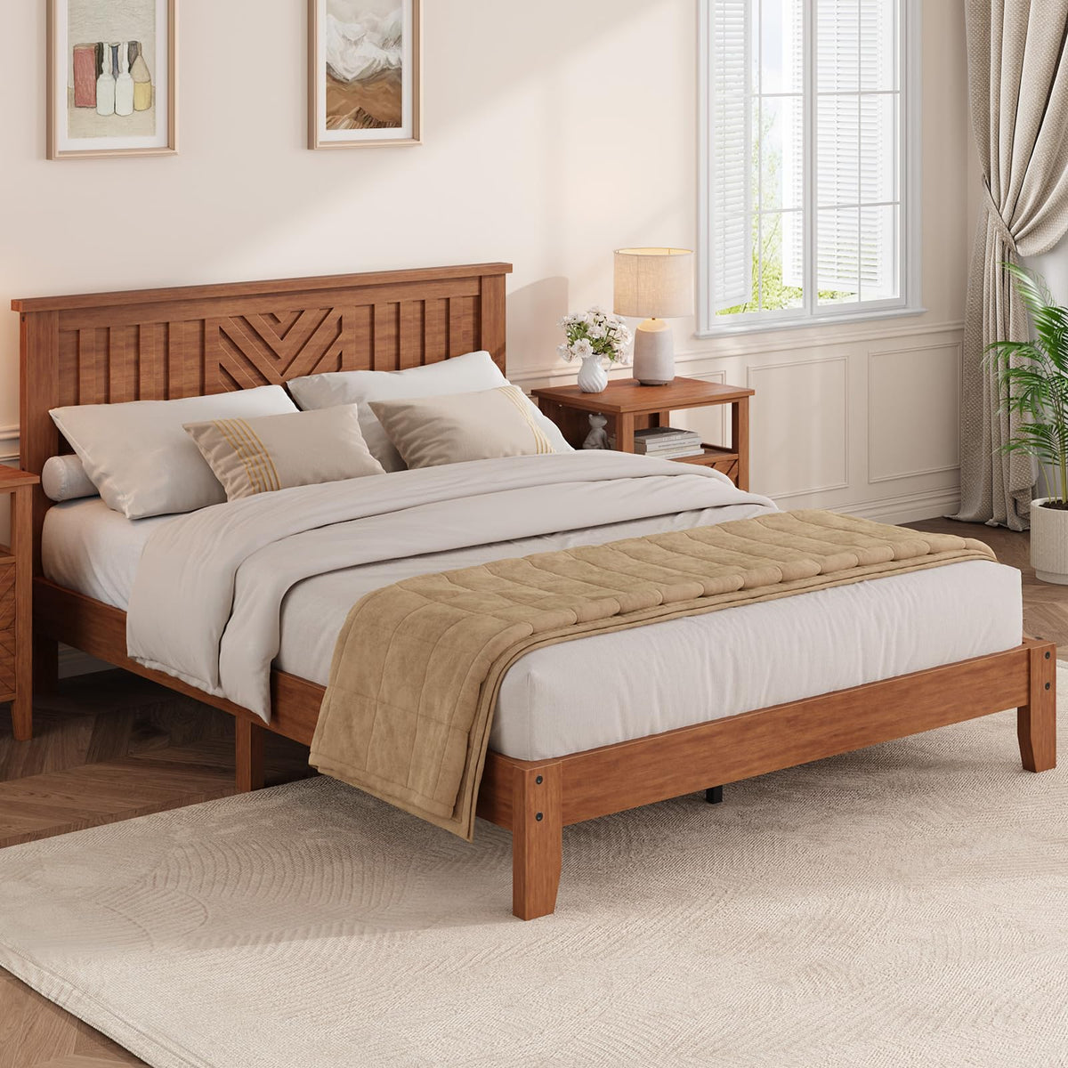 SLEKVERSA Wooden Platform Bed Frame with Headboard, Queen Size Mattress Foundation with Wooden Slat Support, No Box Spring Needed, Easy Assembly, Light Brown