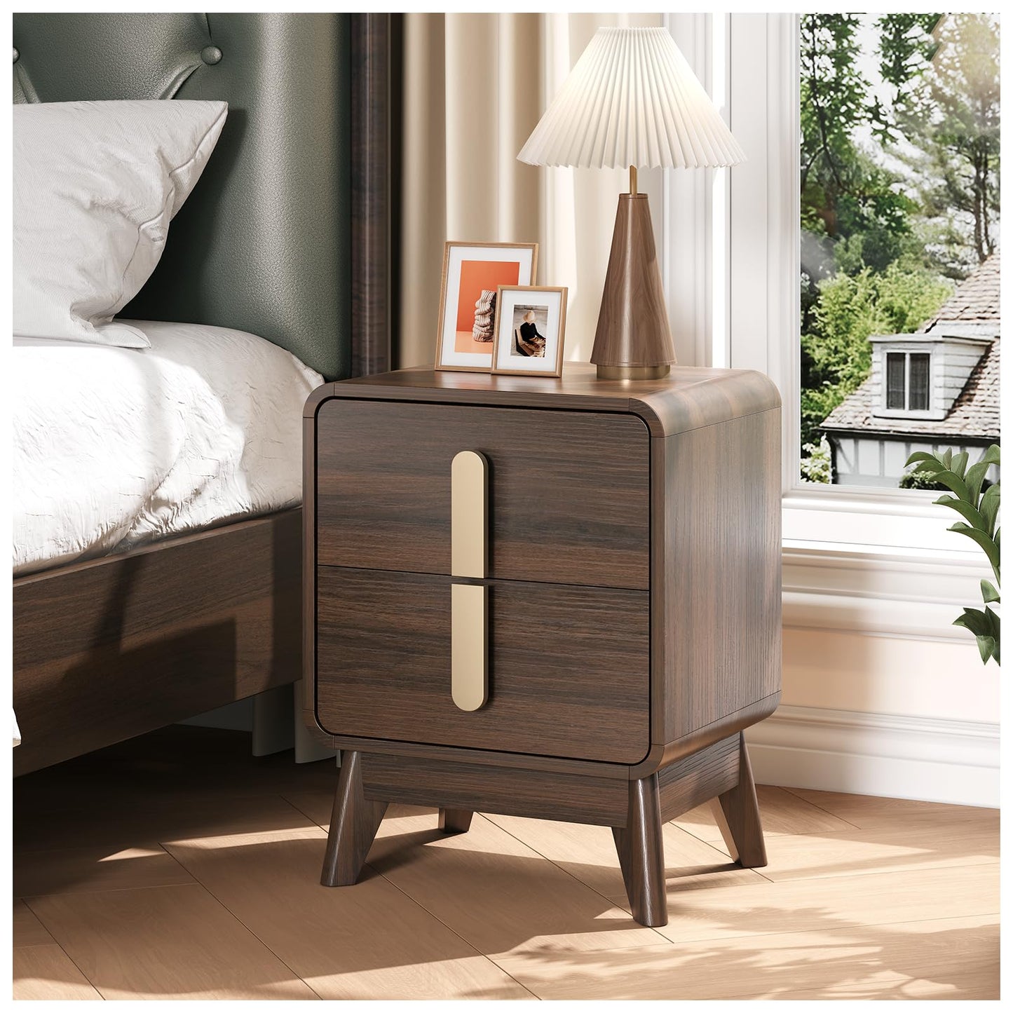 JOINICE Nightstand Set of 2, Mid Century Modern Bedside Table with 2 Drawers & Metal Handle, Curved Profile Brown Night Stand with Storage, Solid Wood Feet End Table for Bedroom, Dark Walnut