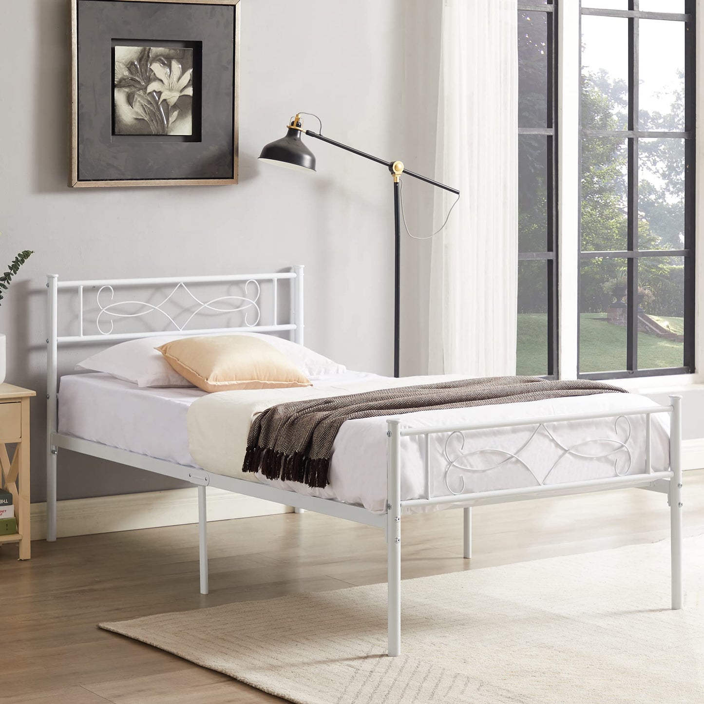 VECELO 14" Twin Size White Metal Platform Bed Frame with Headboard,Premium Steel Slat Support/No Box Spring Needed/Noise-Free/Easy Assembly