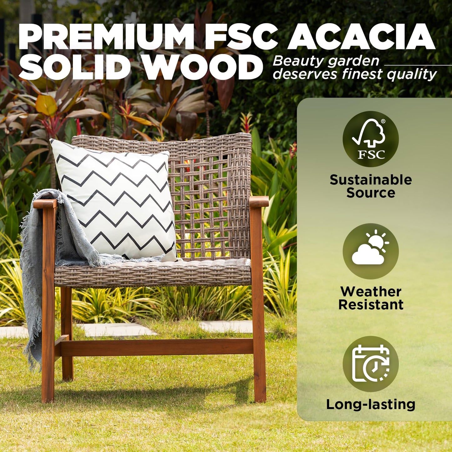 IDZO Liberte 500lbs Capacity Acacia Outdoor Club Chairs Set of 2, FSC Teak Finish Wood Upgraded Patio Furniture Sets with Upgraded 2000Hours UV Resistant Wicker