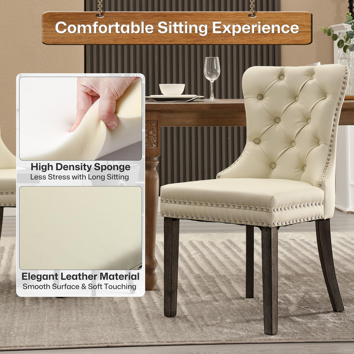 GOOLON PU Leather Dining Chairs Set of 2, Upholstered Button Tufted Dining Room Chairs with Rivet Trim Metal Pull Ring Wood Legs for Kitchen, Restaurant, Beige