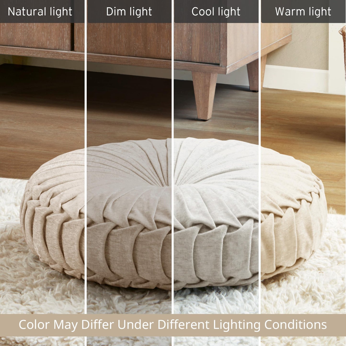 Intelligent Design Loretta Chenille Round Floor Pillow Meditation Cushion, Soft Color & Natural Luster Button Tufted with Elegant Pleated Details, Dia 22"x6"H, Ivory