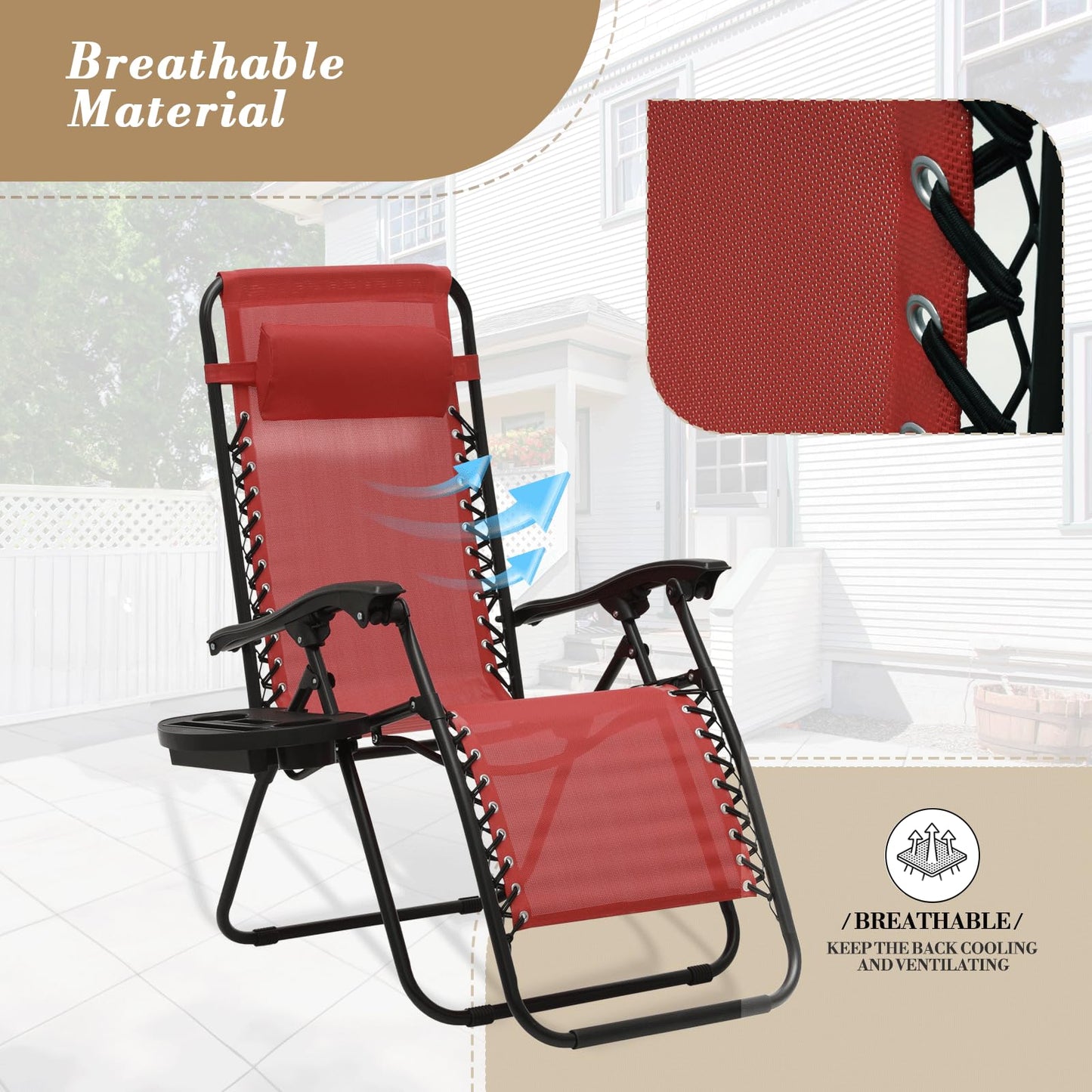 Athena Collection Zero Gravity Outdoor Lounge Chair Set of 2 with Cup Holder, 25" Width Pool Lounge Lawn Chairs Reclining, Outdoor Chaise for Beach Patio Backyard Outside, Dark Red