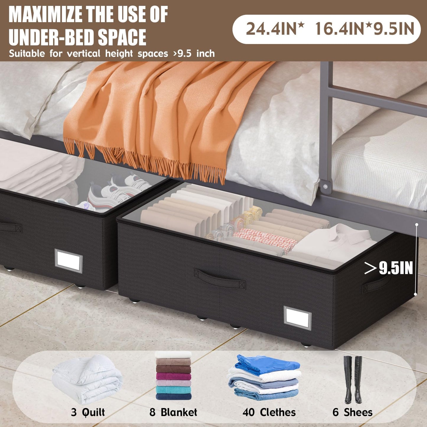 EE-RoomWorld Underbed Storage Bins With Wheels, No Assemble Required 10 inches Height Large Capacity Rolling Underbed Shoe Storage Containers，Dorm Underbed Storage Drawers