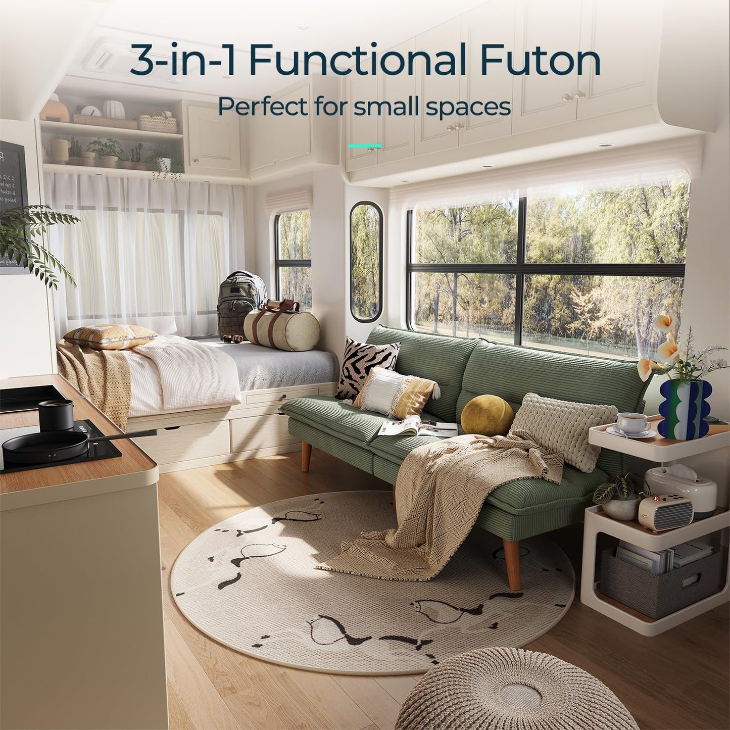 LINSY HOME Futon Sofa Bed - Convertible Corduroy Futon Couch Bed with Adjustable Backrest, Modern Small Loveseat Sleeper Sofa for Small Spaces, Living Room, Apartment or Office (Green)