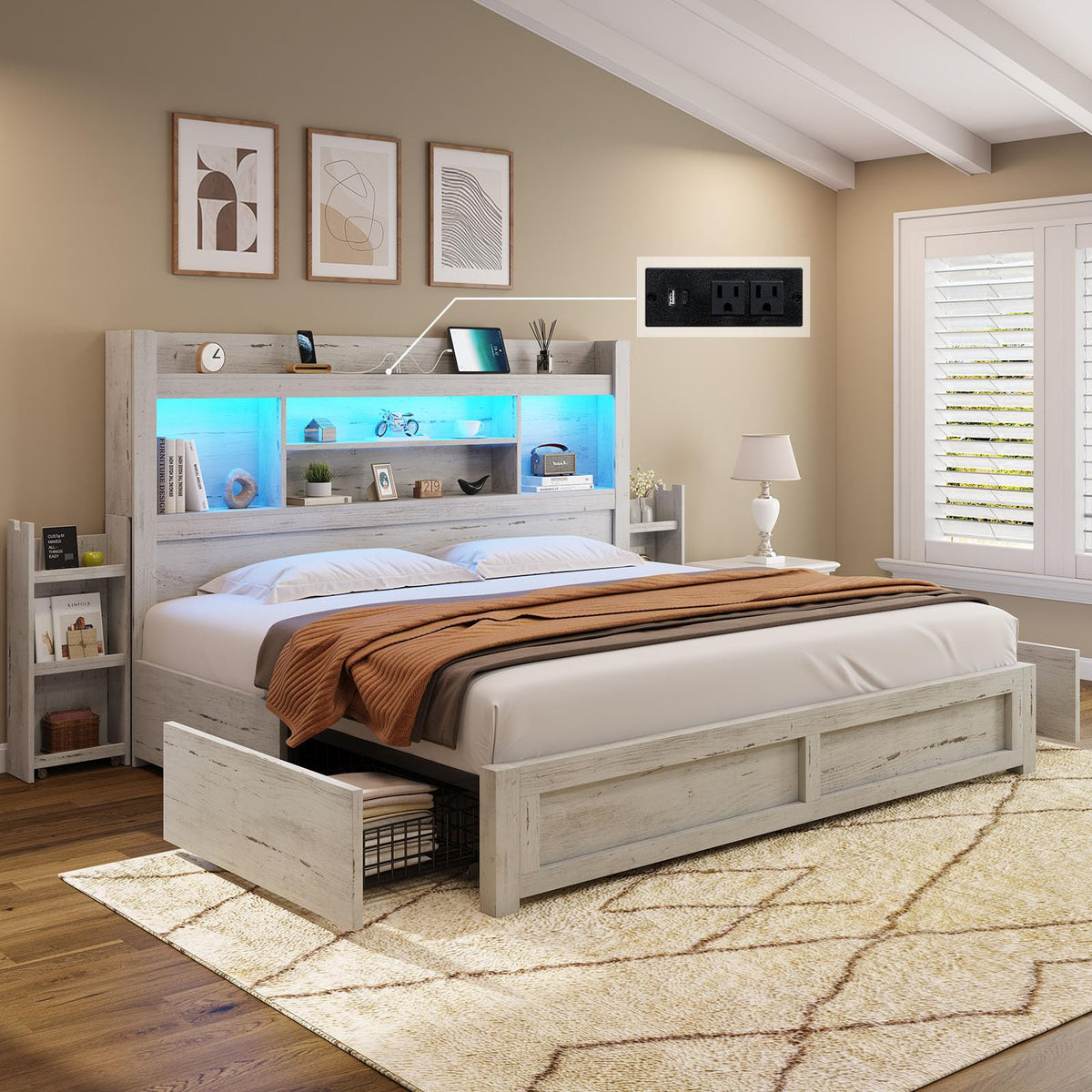 AMERLIFE King Bed Frame with 4 Storage Drawers, LED Bed Frame with 49.6" Tall Bookcase Headboard, Wood Platform Bed with 2 Slide Bedside Shelf & Charging Station, No Box Spring Needed/Distressed White