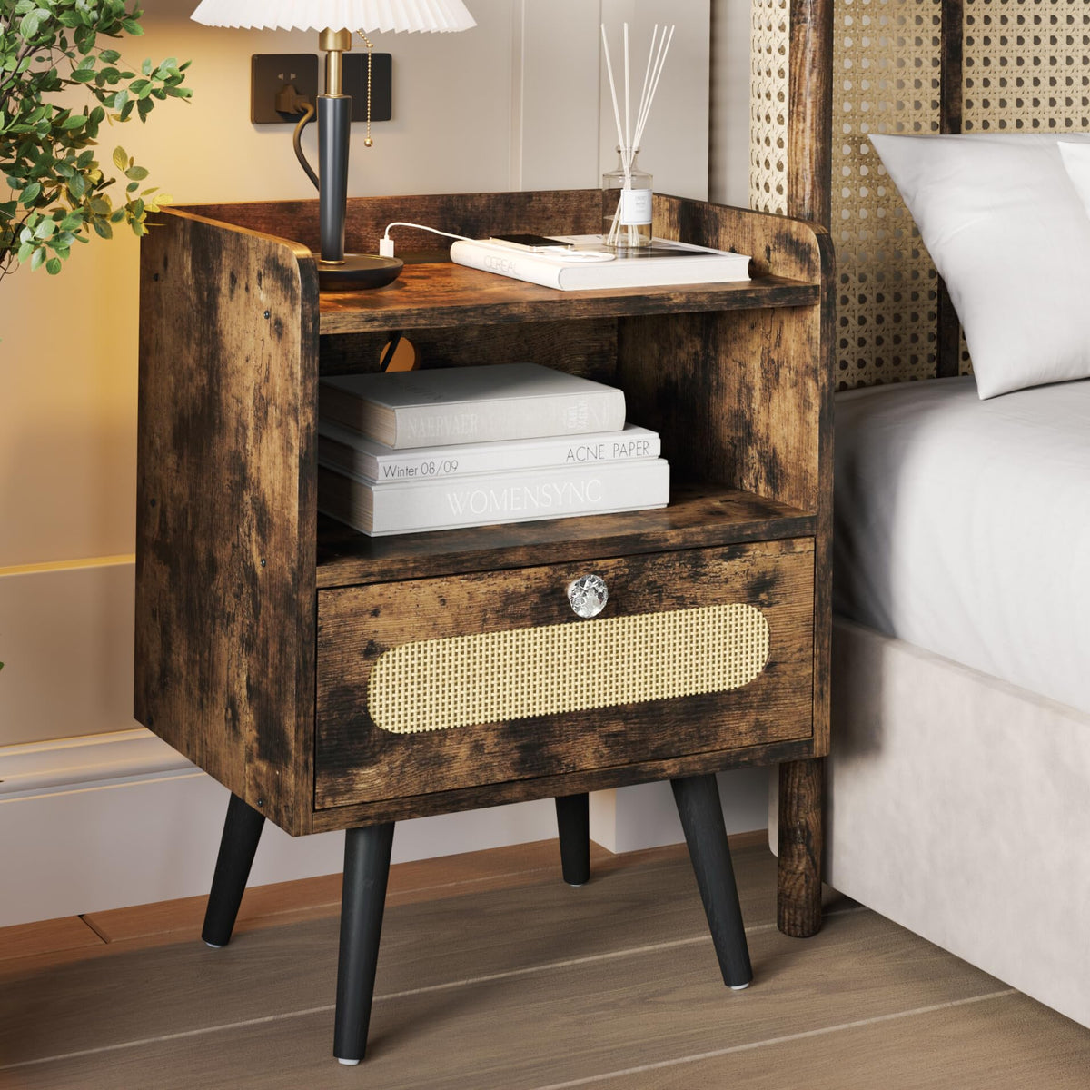 AGDULL End Table with Diamond Handle, Nightstand/Bedside Table with Charging Station, Rustic Brown