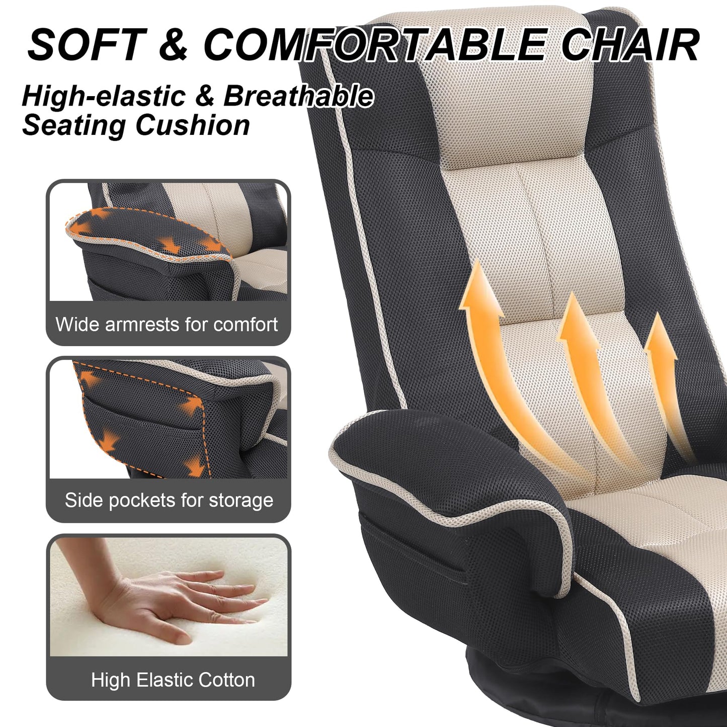 DeeLyan Swivel Floor Chairs for Adults, Floor Gaming Chair with Extra Wide Arms, Back Support 14 Angles Adjustable Comfortable Double Mesh Fabric Lazy Sofa for Video Game Chairs 201 (Grey + Beige)