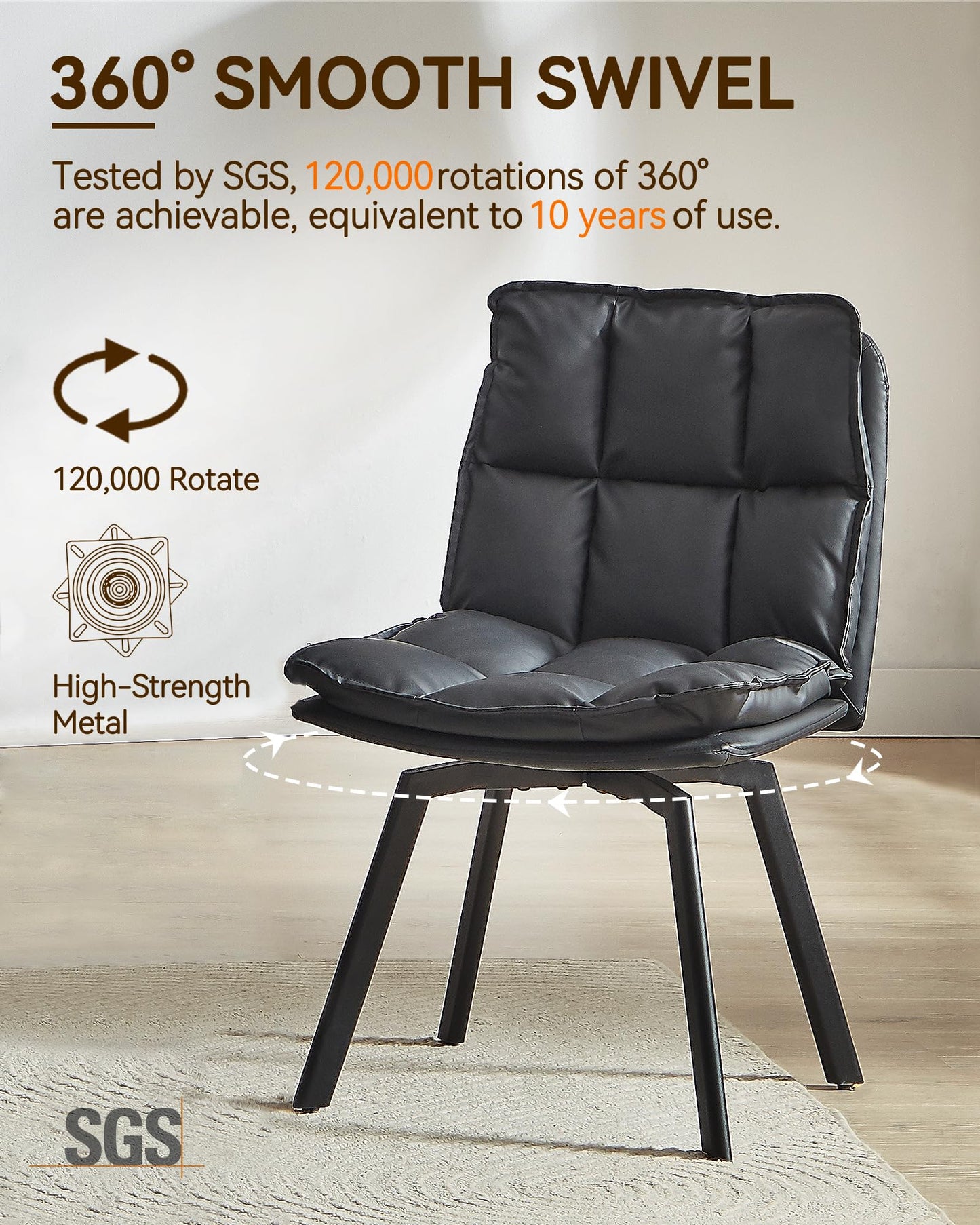 BedsPick Swivel Dining Chair Set of 2 - Faux Leather Upholstered Kitchen Chair, Mid Century Modern Dining Room Chair with Rotating Seats and Metal Legs (Black)