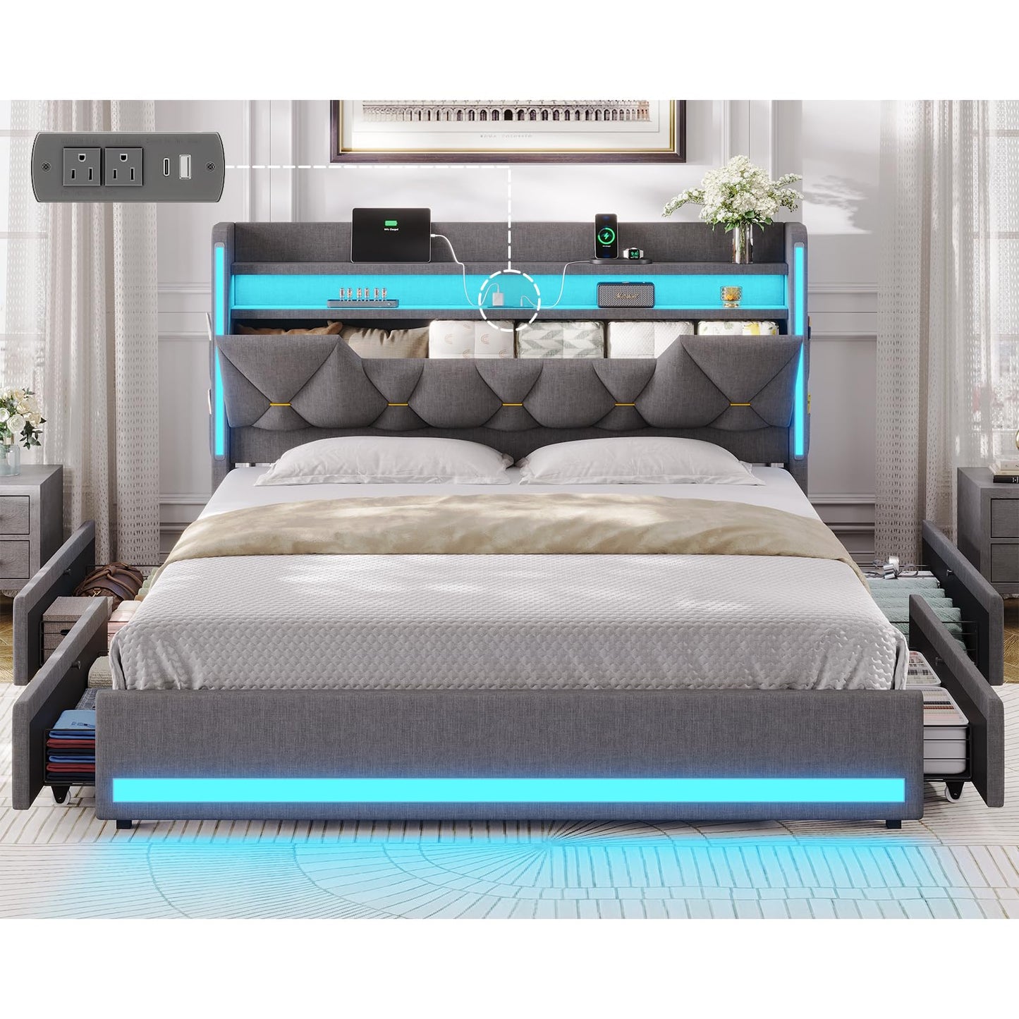 Queen Bed Frame with 4 Drawers, Platform Bed Frame Queen Size with Storage Headboard&LED Lights, Queen Bed with Storage & Charging Station, Noise-Free, No Box Spring Needed, Easy Assembly, Gray