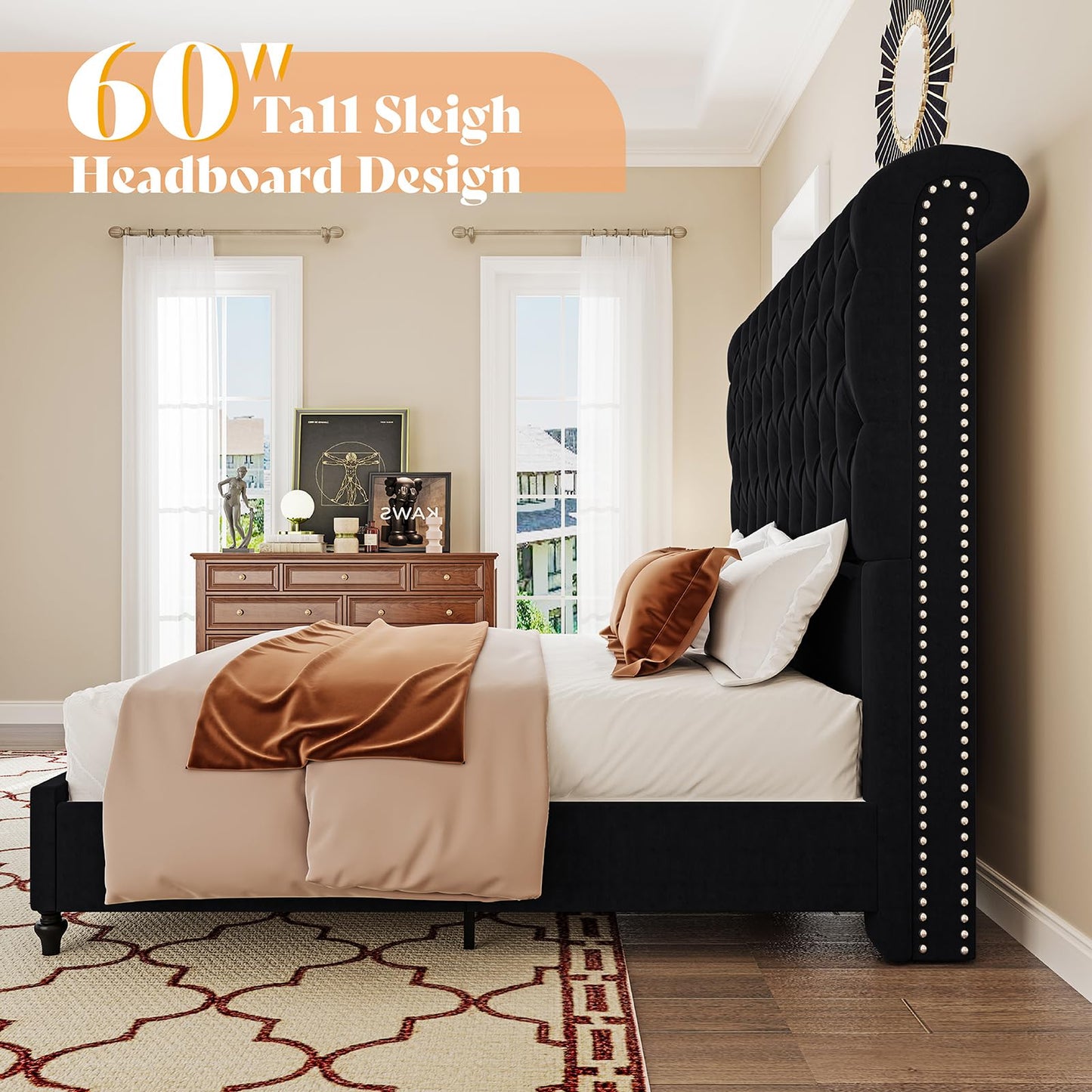 AMERLIFE Queen Size Bed Frame with 60" Tall Wingback Headboard, Velvet Upholstered Platform, Button Tufted Sleigh Design, No Box Spring Needed,Black