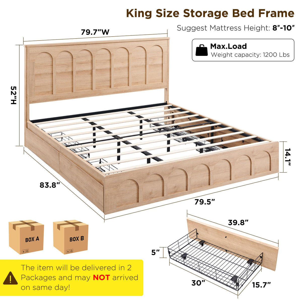 ACCOHOHO King Size Bed Frame Modern with 52" Tall Arched Recessed Headboard and 4 Drawers, Solid Wood Slats Support, Wood Platform, Noise Free, No Box Spring Needed, Natural Oak