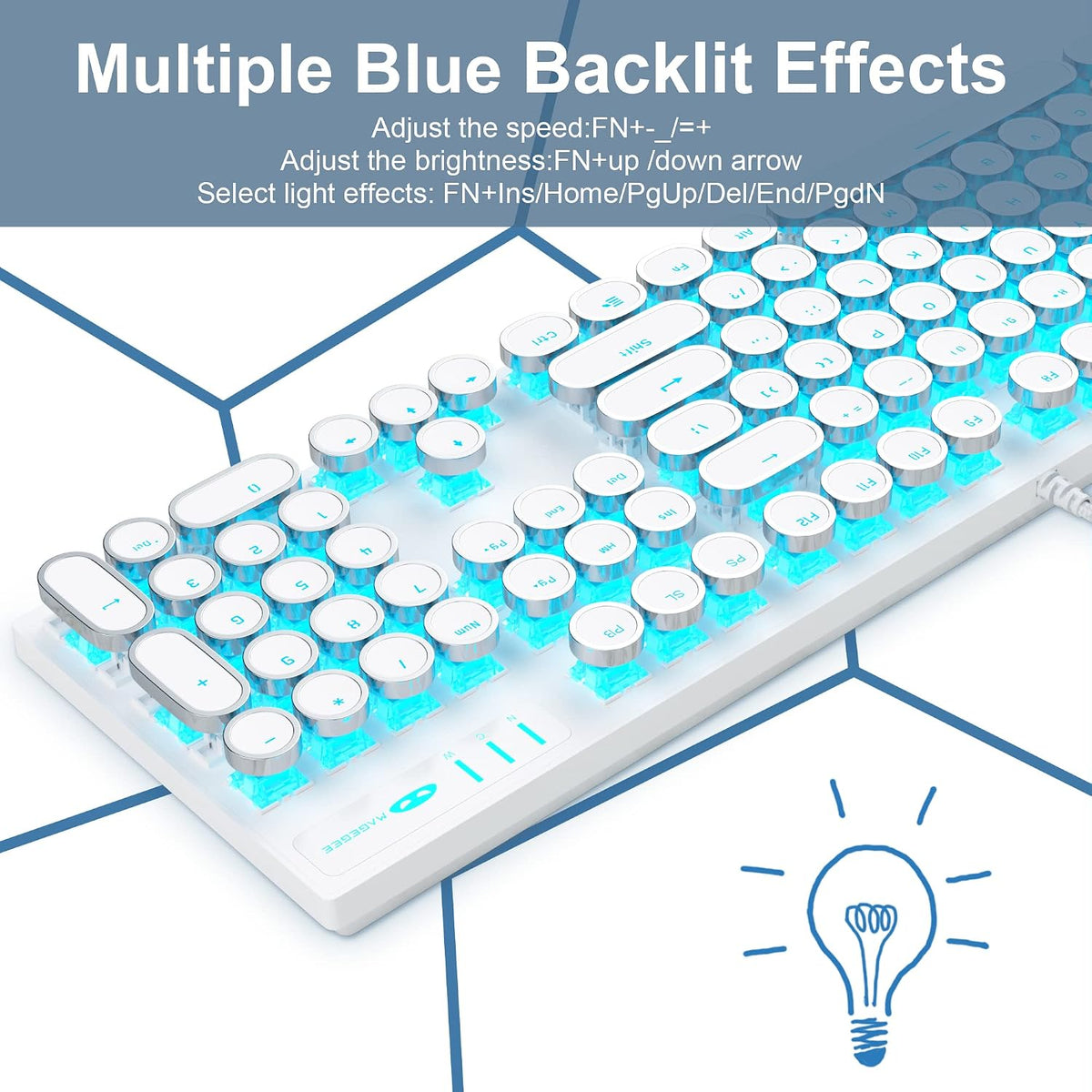 Camiysn Typewriter Style Mechanical Gaming Keyboard, White Retro Punk Gaming Keyboard with Blue Backlit, 104 Keys Blue Switch Wired Cute Keyboards, Round Keycaps for Windows/Mac/PC