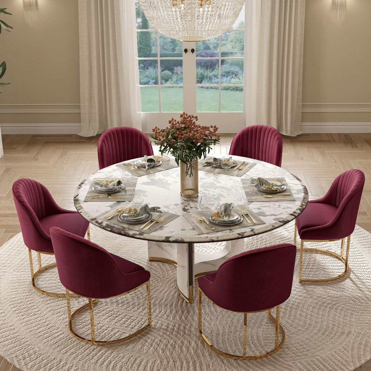 ChicAura Velvet Dining Chairs Set of 4, Modern Barrel Dinning Room Chairs with Golden Frame Upholstered Kitchen Chair Armless Accent Side Chair for Living Room/Kitchen/Dining Room/Hotel, Red