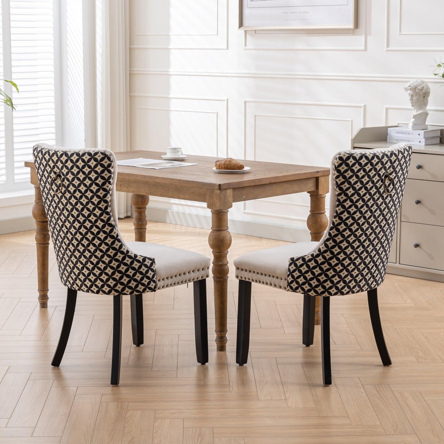 LKTART Velvet Dining Chairs Set of 6, Tufted Dining Room Chair with Nailhead Ring Pull Trim, Upholstered Dining Chair with Solid Wood Legs for Kitchen Dining Room Beige and Patterned