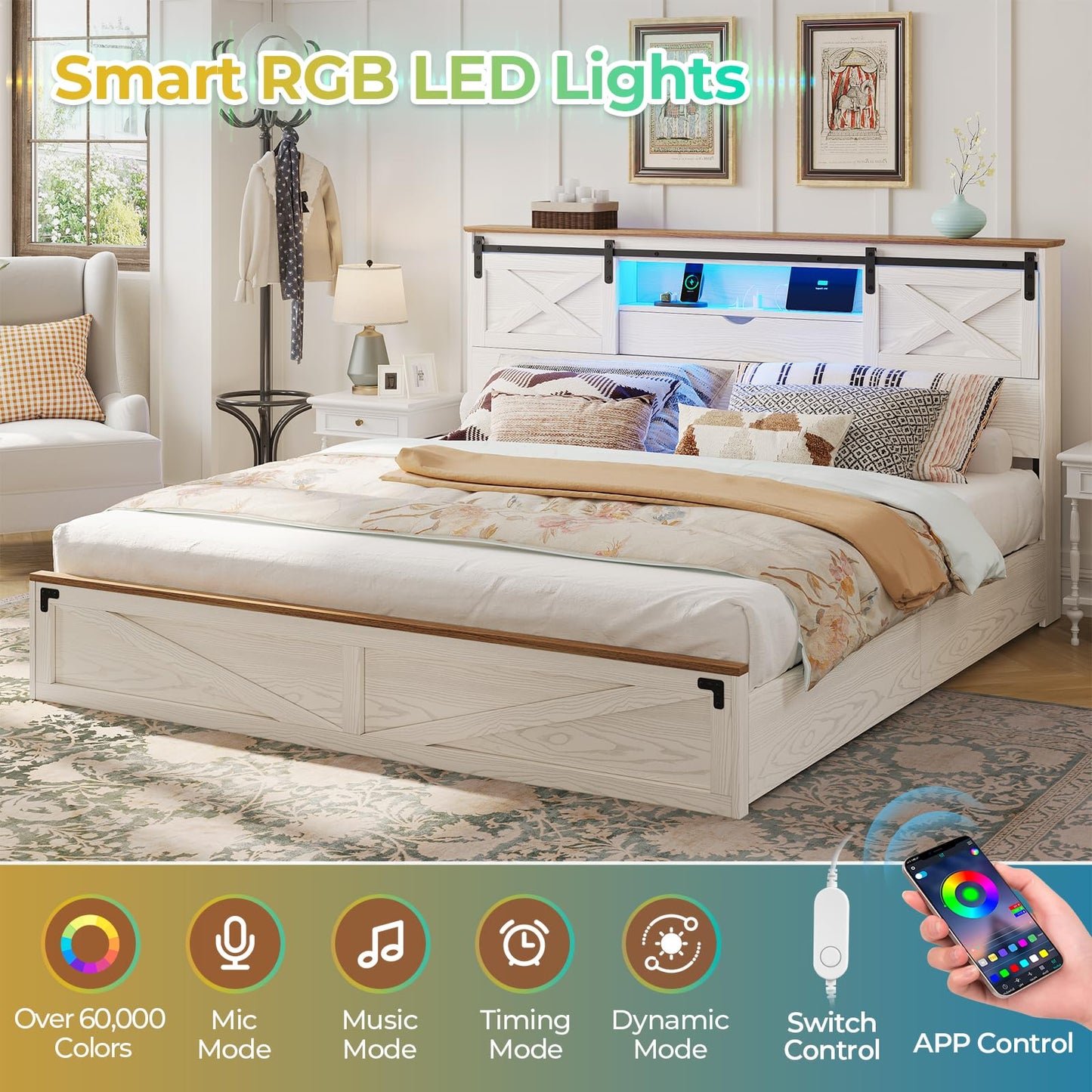 Hasuit Farmhouse Bed Frame King Size with Storage Bookcase Headboard, Wooden King Bed with LED Lights, Charging Station, 2 Drawers, Country Rustic Bed Frame with Sliding Barn Door