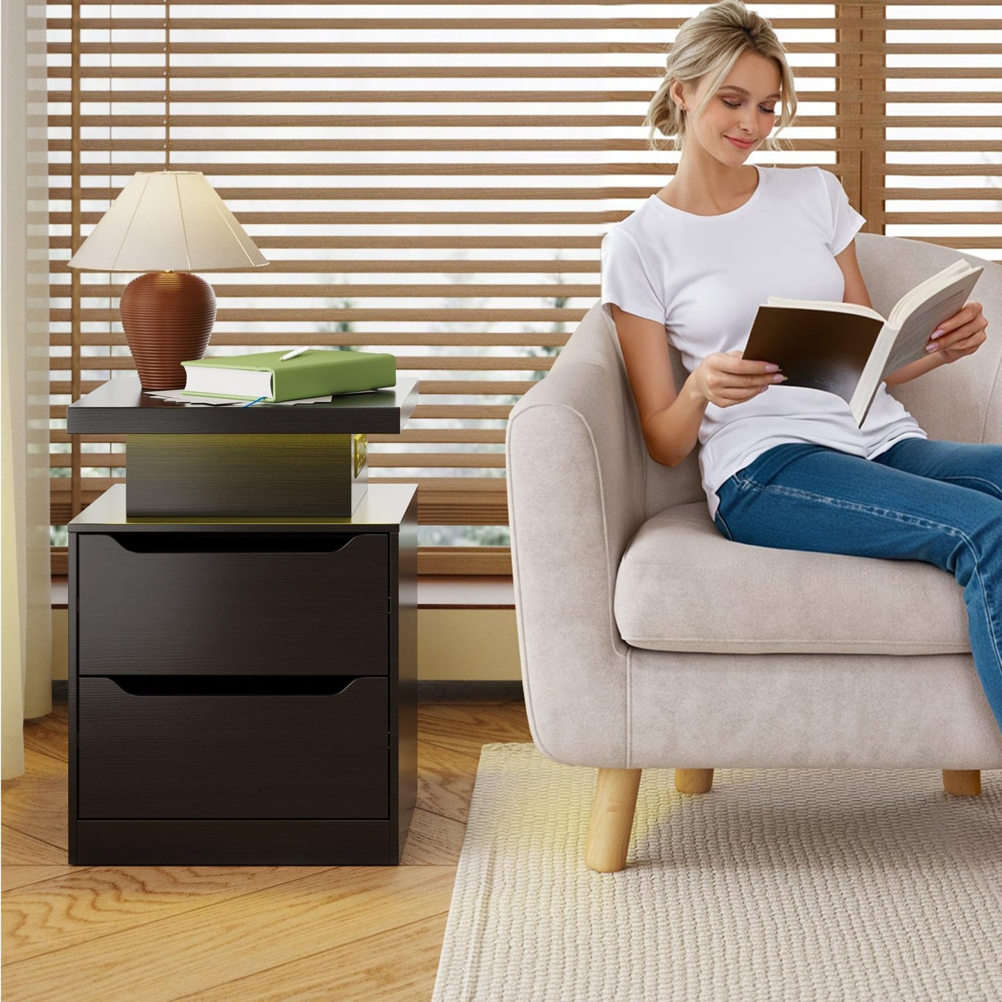 Gizoon Nightstand with Charging Station, 2 Drawers, Night Stand Set 2 with LED Lights, Modern Wood Bedside Table, End Side Table with Storage for Bedroom
