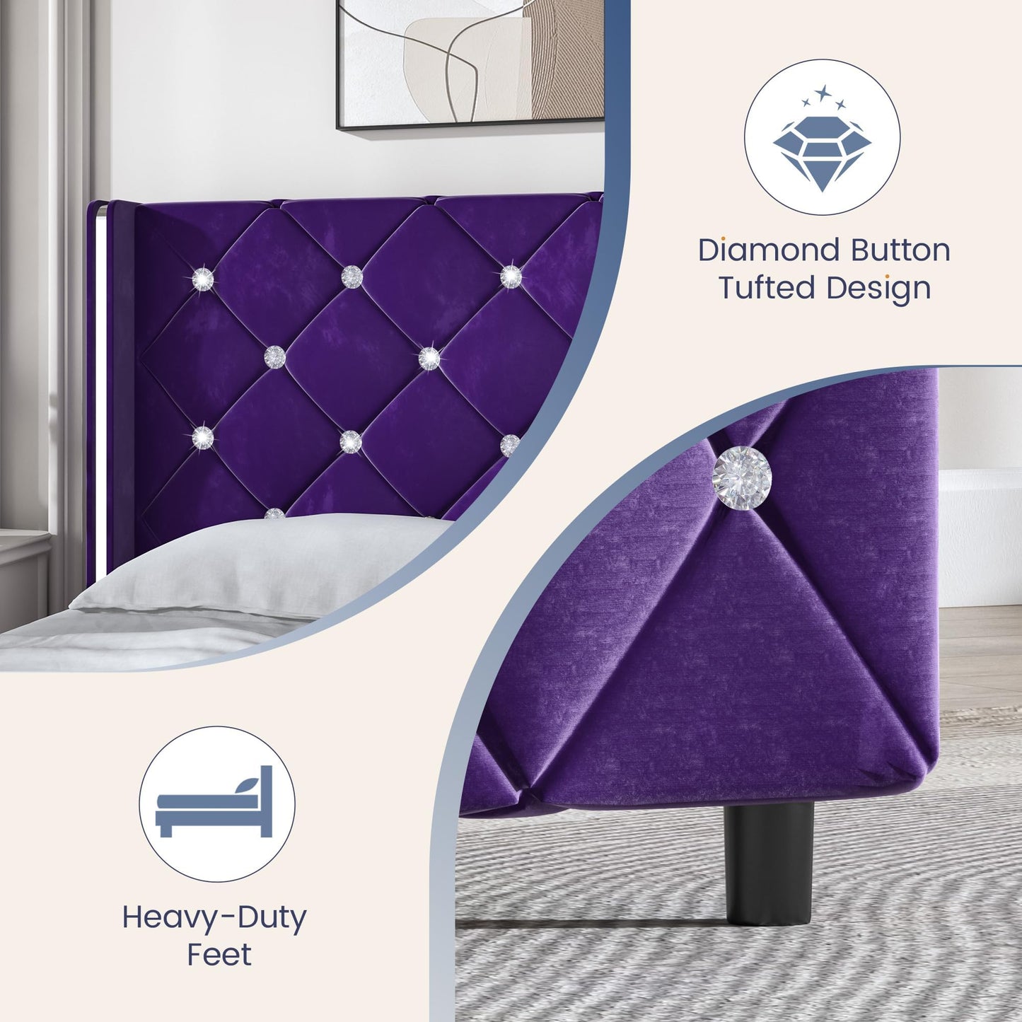 HOMBCK Queen Size Bed Frames with Headboard, Black Velvet Queen Bed Frame with Wingback, Upholstered Bed Frame with Diamond Headboard, Wood Slat Support, No Box Spring Needed, Easy Assembly,Purple