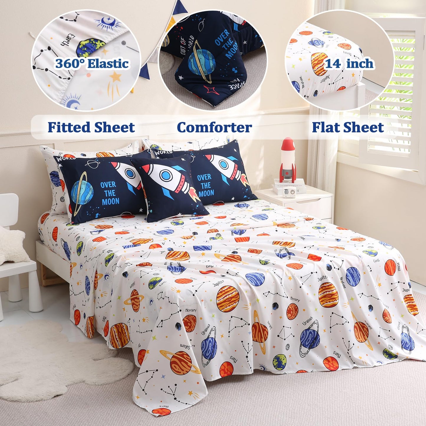 Tasselily 8 Piece Space Comforter Set Twin Size, Rocket Bed in a Bag Space Theme Bedding Sets for Boys Girls Kids
