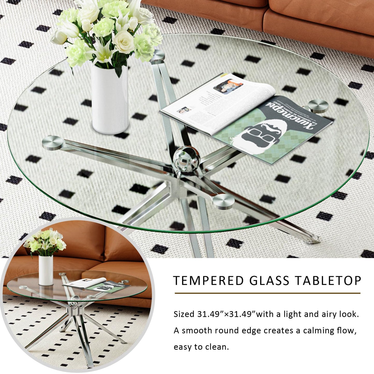 Julenshion Modern Glass Coffee Table, Round Clear Center Table with Tempered Glass Top & Silver Stainless Steel Base Ball Decor Table for Living Room Home Office, Chrome Finish