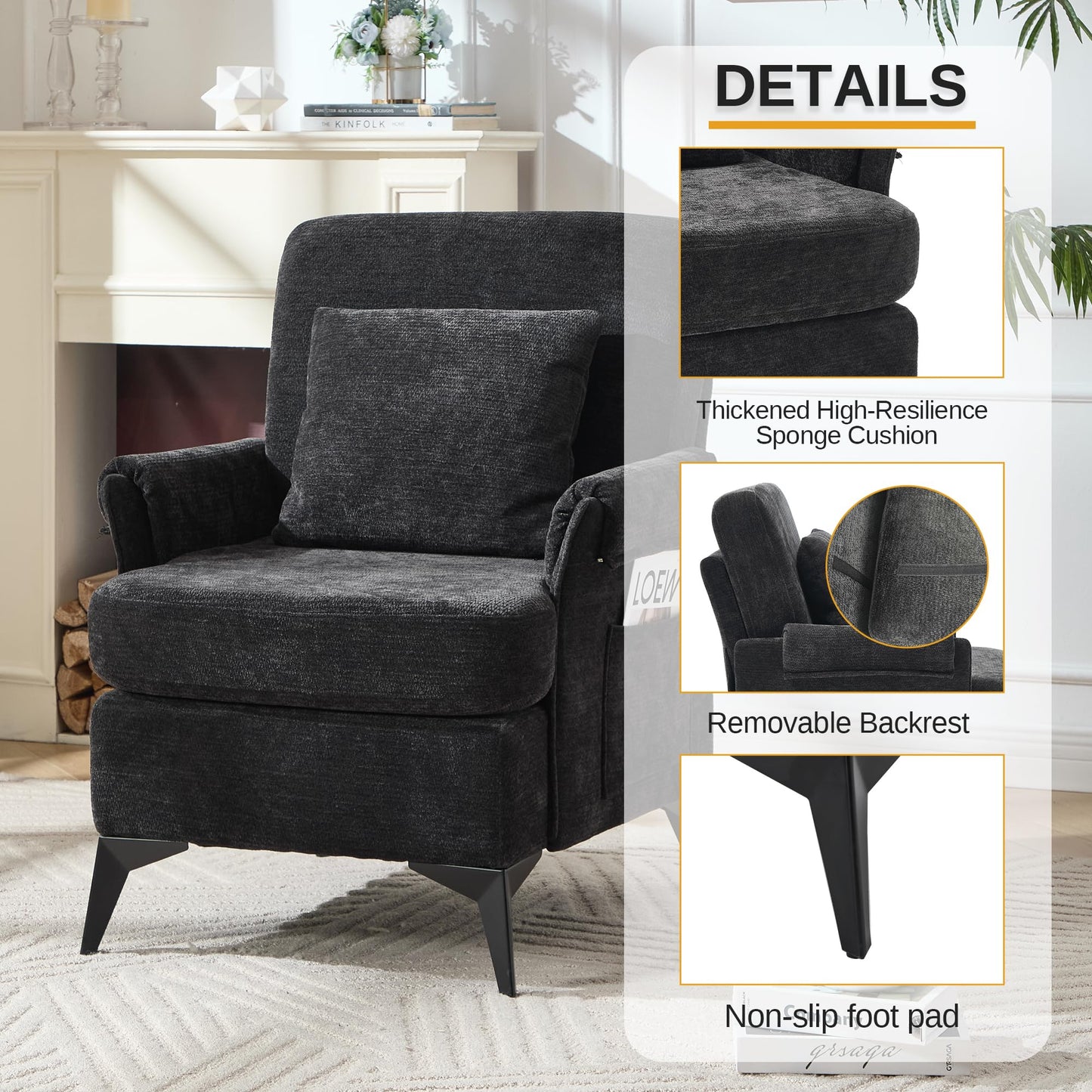 KCC Mid-Century Accent Chairs Set of 2,Chenille Modern Upholstered Living Room Chair,Cozy Armchair with Back for Bedroom/Office/Cafe,Black