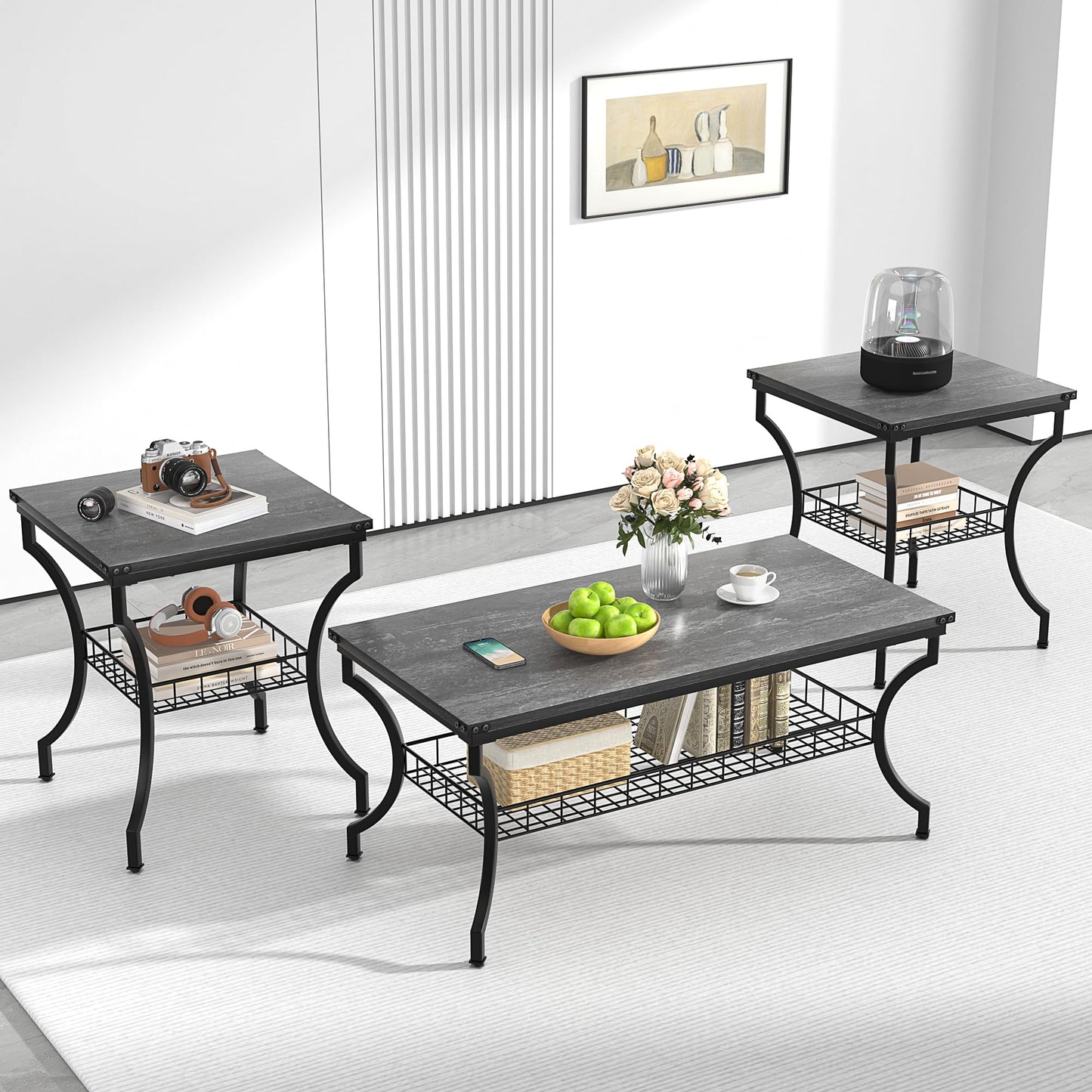 VECELO 3 Pieces Living Room Table Sets, Coffee and End Tables with Open Storage Shelves for Apartment, Home Office, Small Space, Easy Assembly, Dark Grey