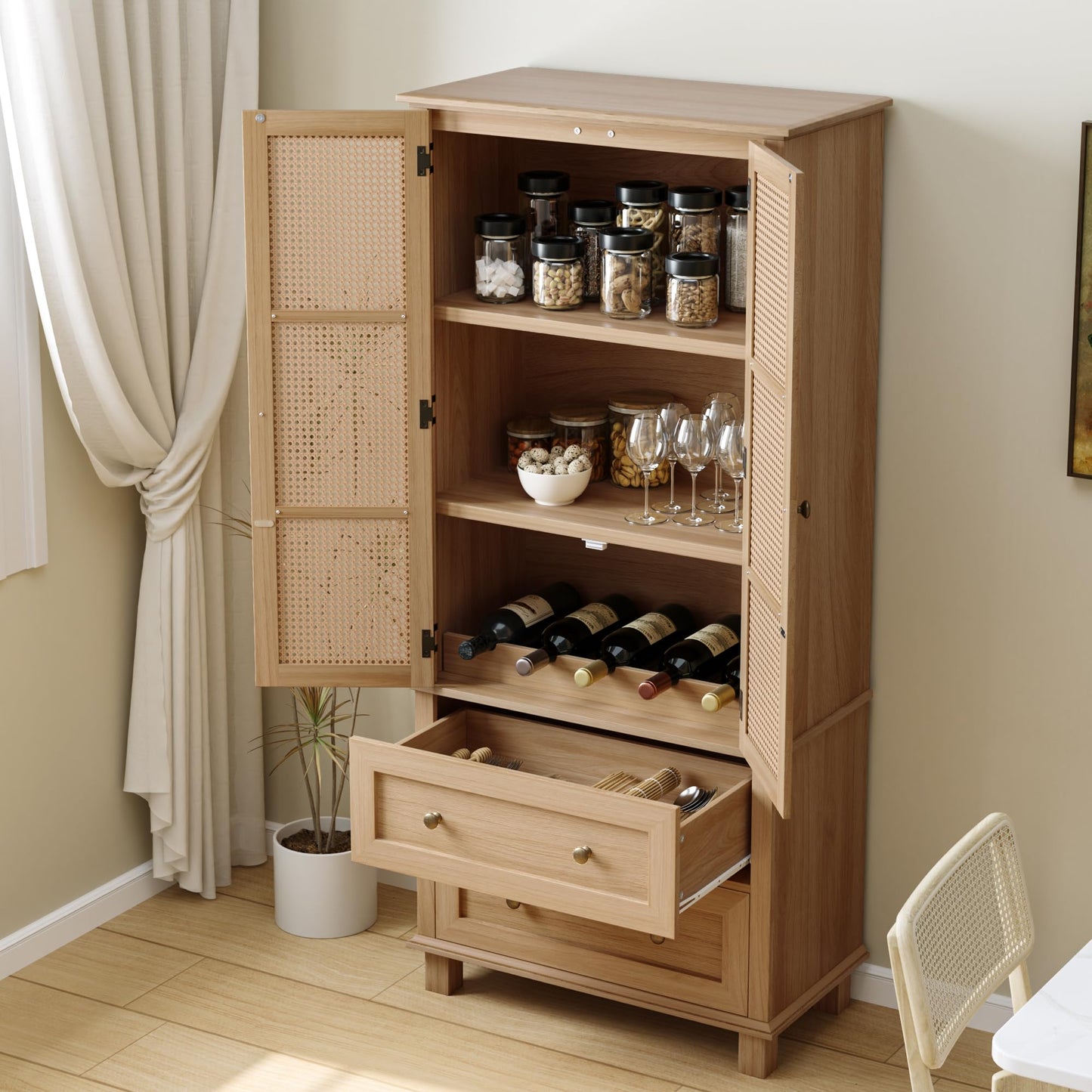 FOTOSOK Kitchen Pantry Storage Cabinet, Tall Cabinet with Rattan Doors and 2 Drawers, Freestanding Cupboard Adjustable Shelves, Utility for Kitchen, Dining Room (AZ-130)