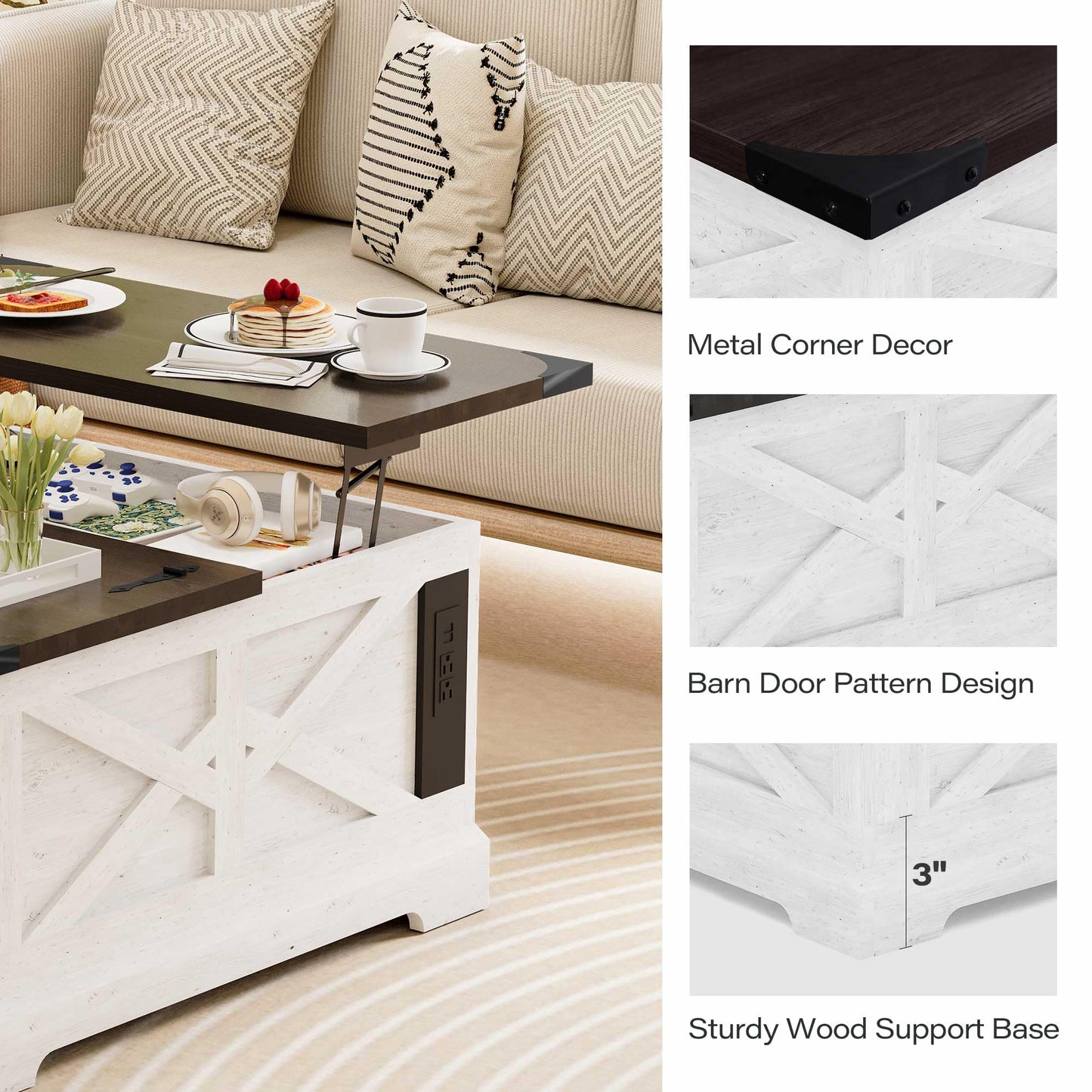 LAUSAINT HOME Farmhouse Lift Top Coffee Table with Large Hidden Storage Compartment, Wood Square Center Table with Lifting Top for Living Room, Home Office, White