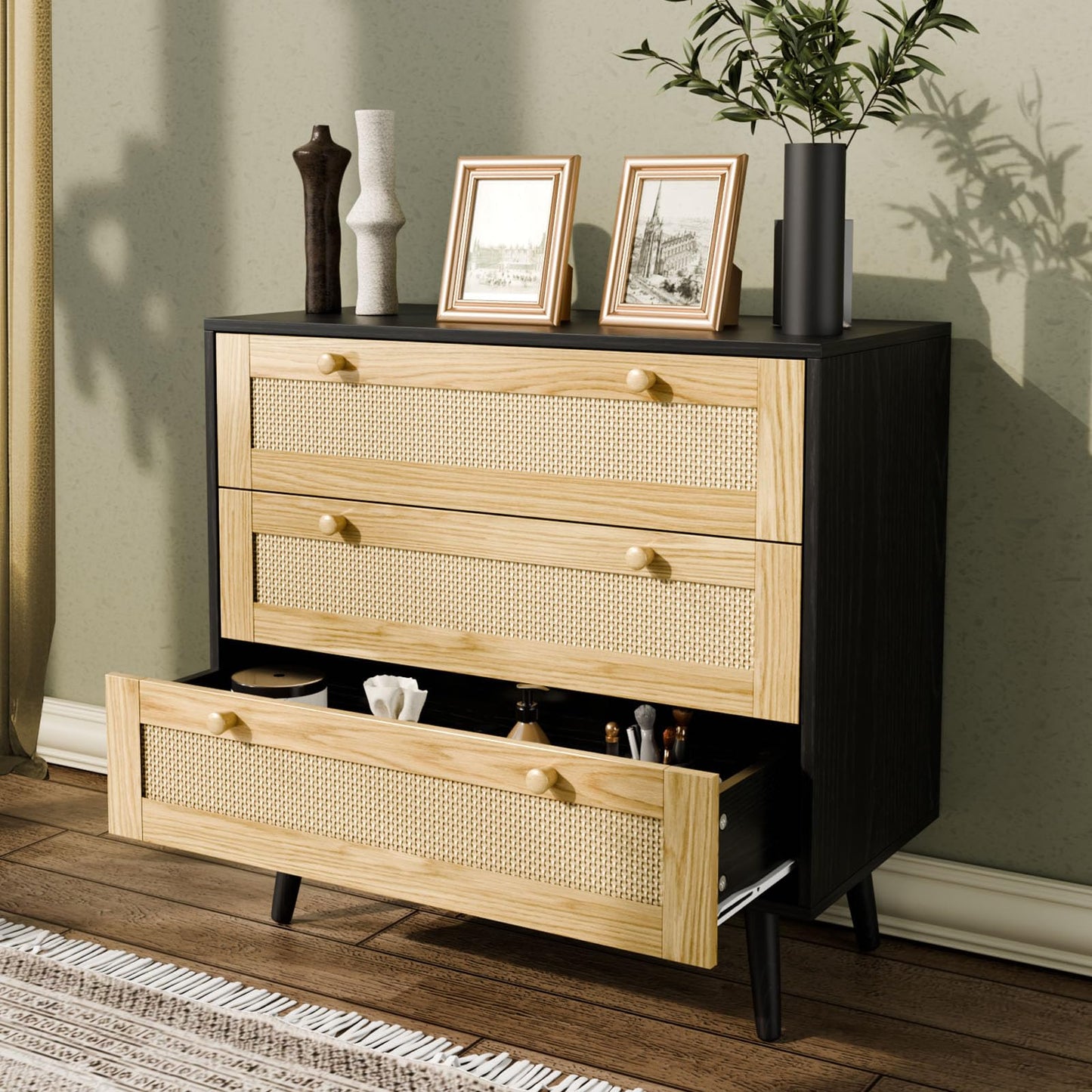 FURNIinspire 3 Drawer Dresser for Bedroom, Boho Dresser Chest with Handles for Bedroom Hallway Living Room