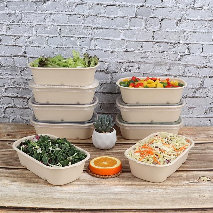 23 oz Disposable salad bowls with lids, Sugarcane Fiber Paper Bowls take away food containers meal prep food storage deli container 50 Pack