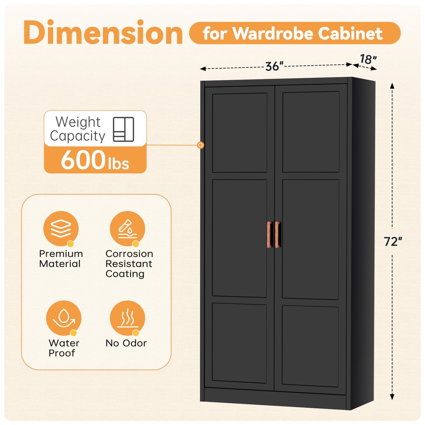 INTERGREAT Metal Storage Cabinet with Hanging Rail, Black Armoire Wardrobe Closet with 2 Doors,72" H Storage Closet Cabinets with Adjustable Shelves and Removable Hanging Rods